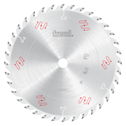 Silver circular saw blade with gray carbide teeth arranged around the perimeter and Freud branding in center.