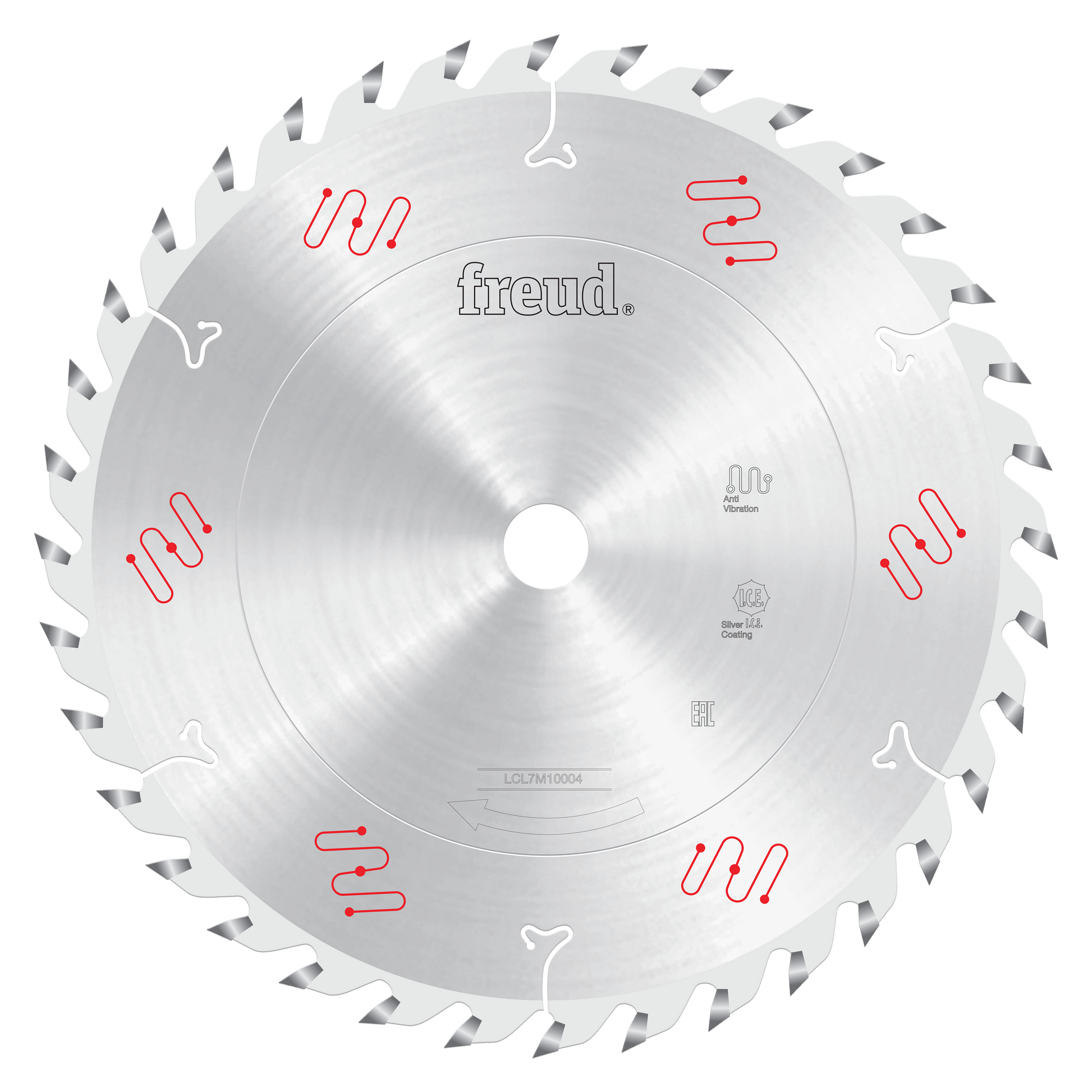 Silver circular saw blade with gray carbide teeth arranged around the perimeter and Freud branding in center.