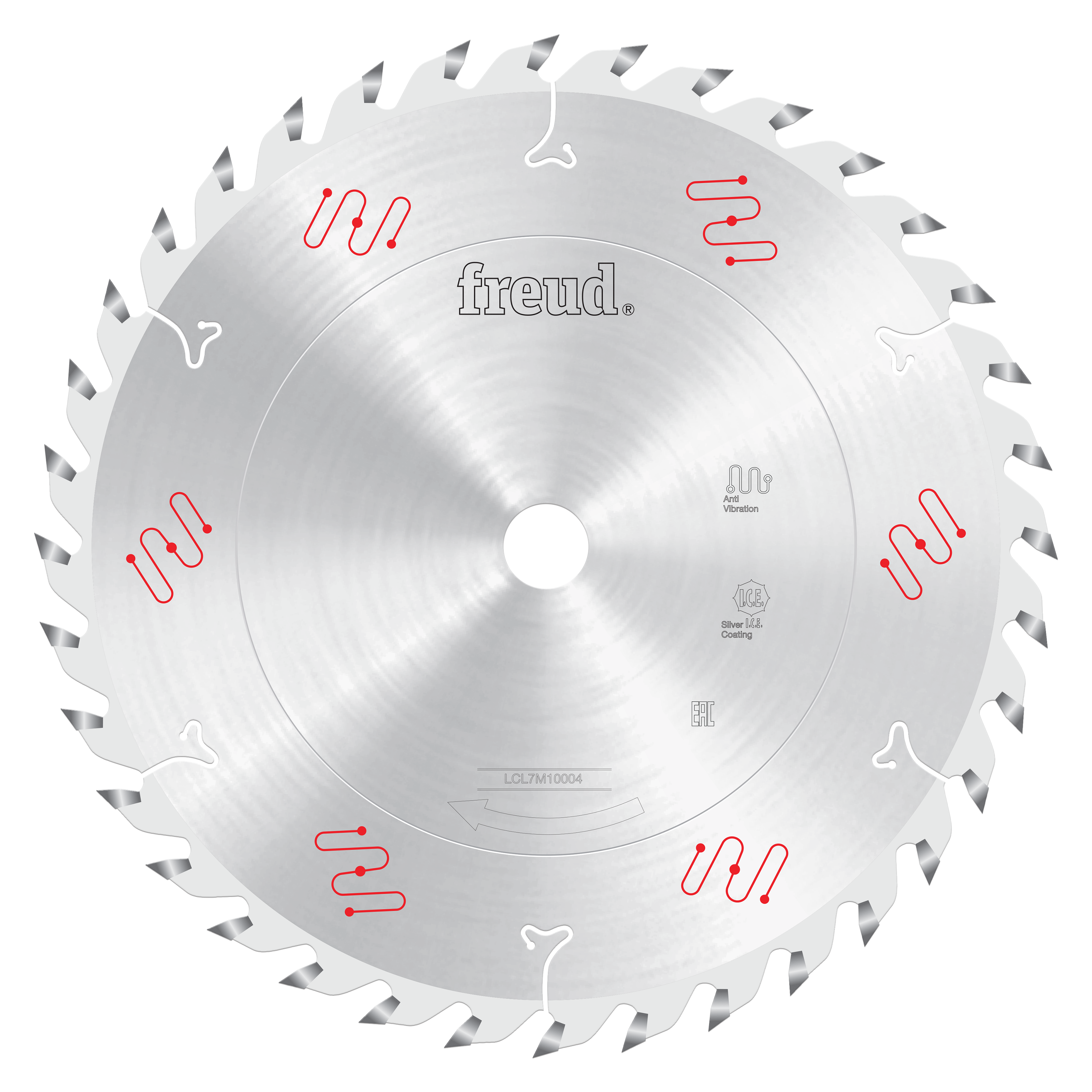 Silver circular saw blade with gray carbide teeth arranged around the perimeter and Freud branding in center.
