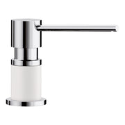 Chrome and white soap dispenser with cylindrical white container and horizontal chrome pump lever.