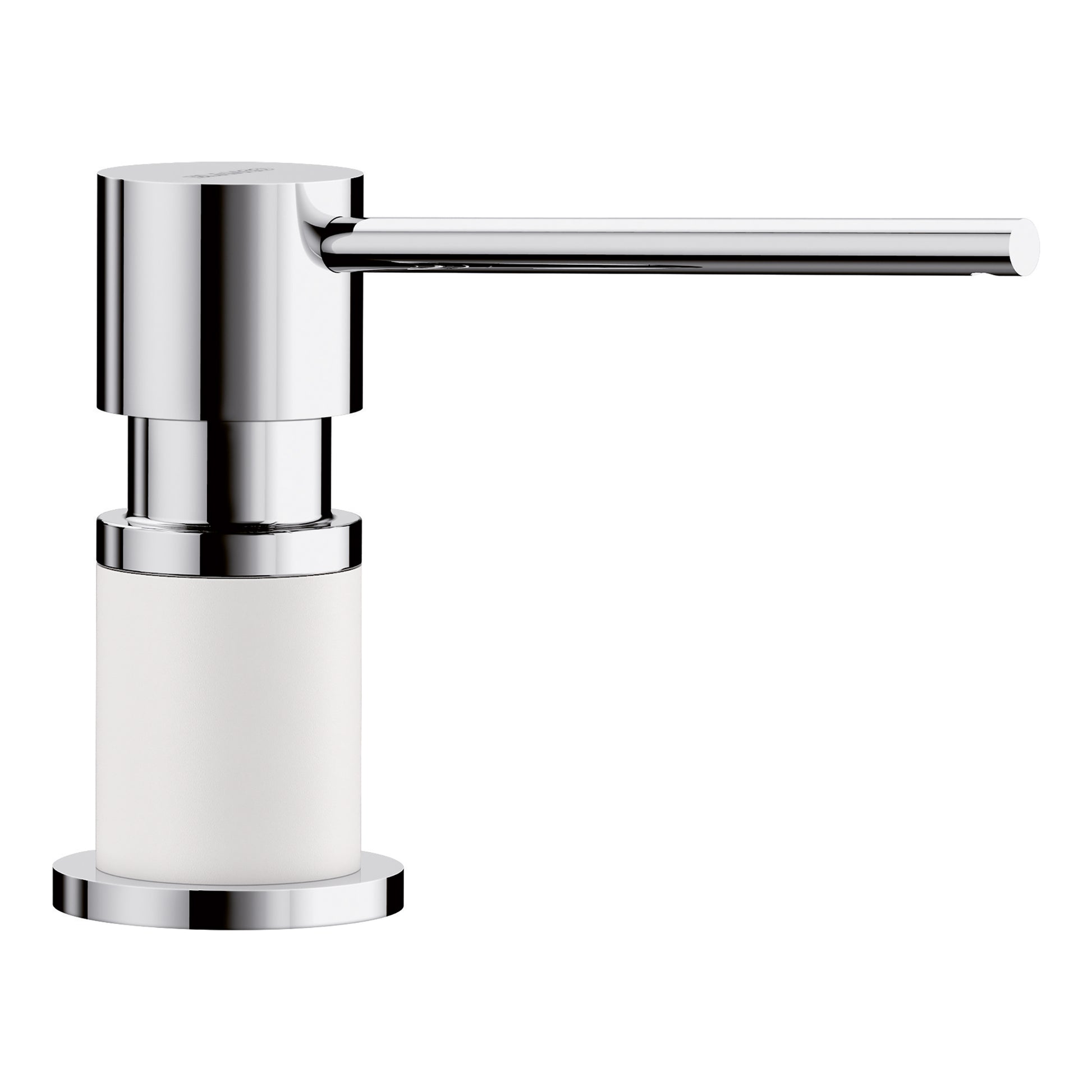 Chrome and white soap dispenser with cylindrical white container and horizontal chrome pump lever.