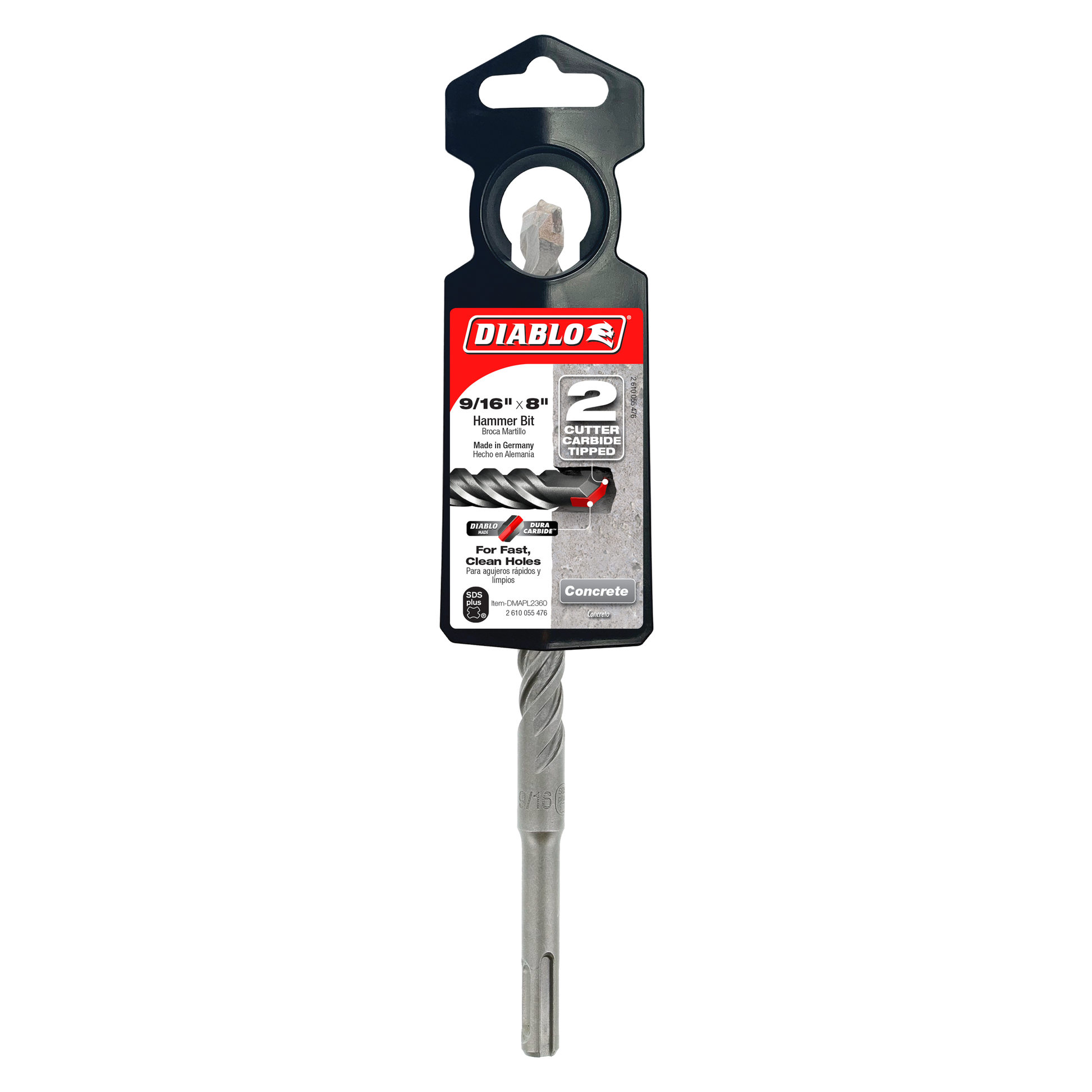 Diablo SDS-Plus hammer drill bit with 2 carbide cutters and gray metal shaft on black packaging card.