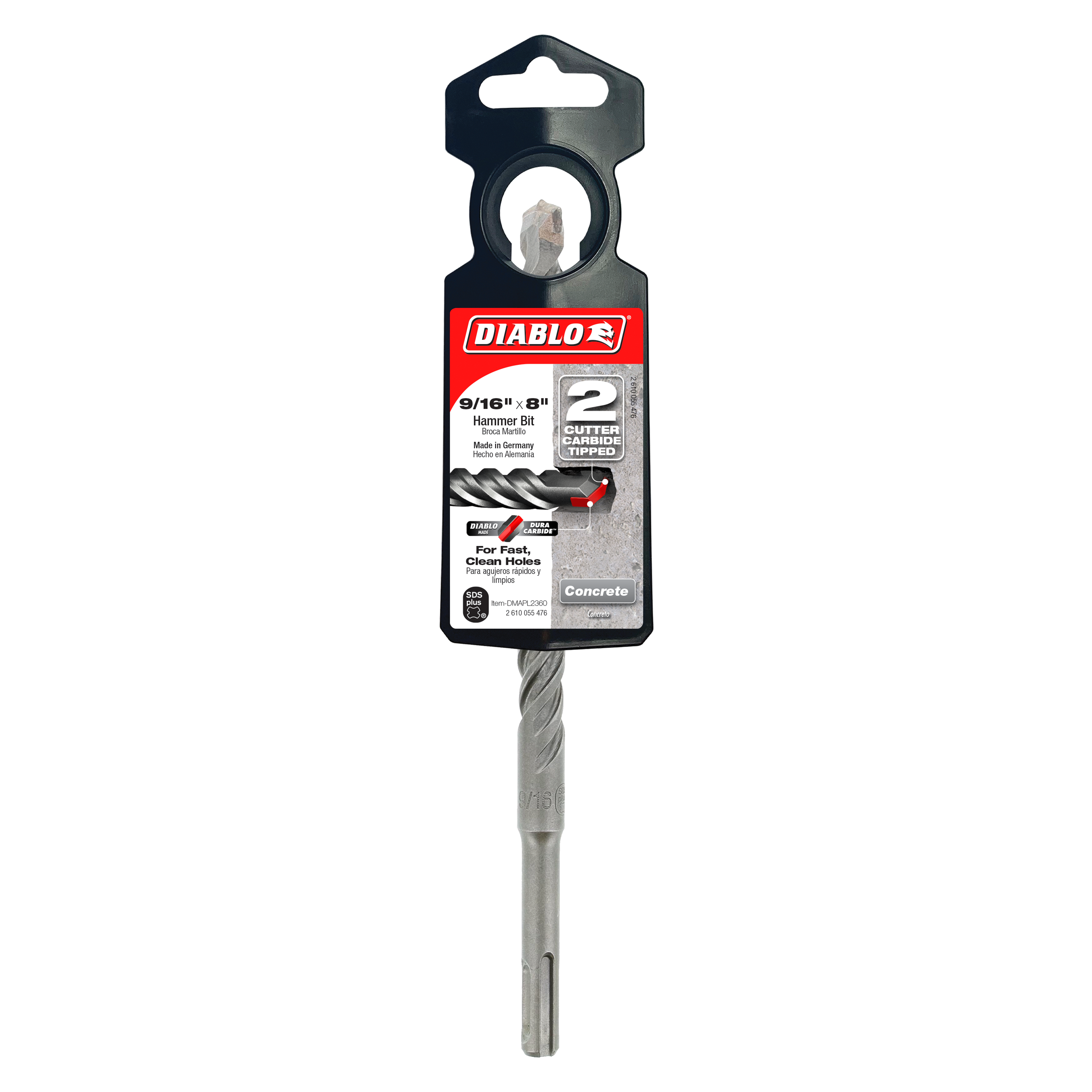 Diablo SDS-Plus hammer drill bit with 2 carbide cutters and gray metal shaft on black packaging card.