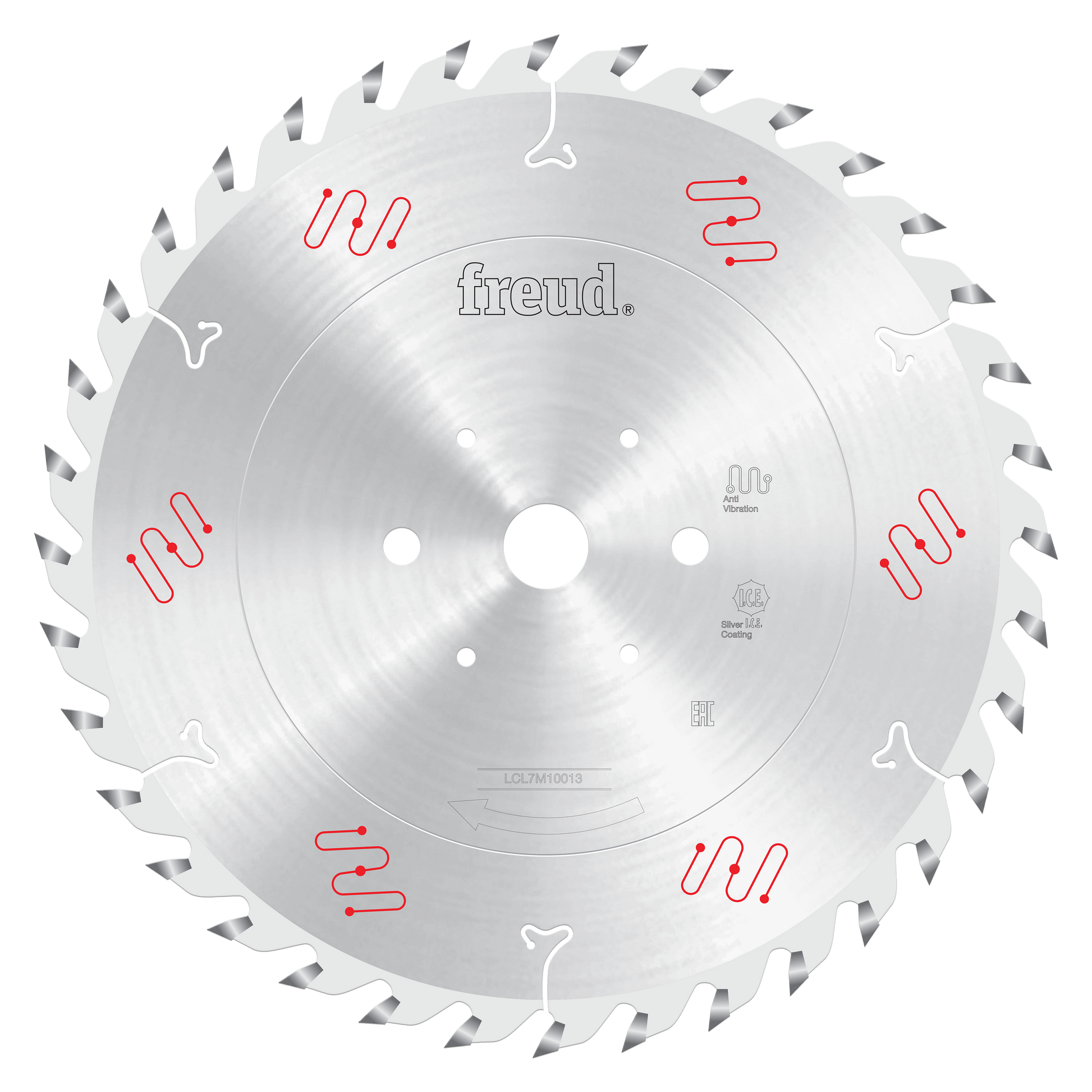 Silver circular saw blade with multiple teeth around the edge, center mounting holes, and red and white markings with Freud b