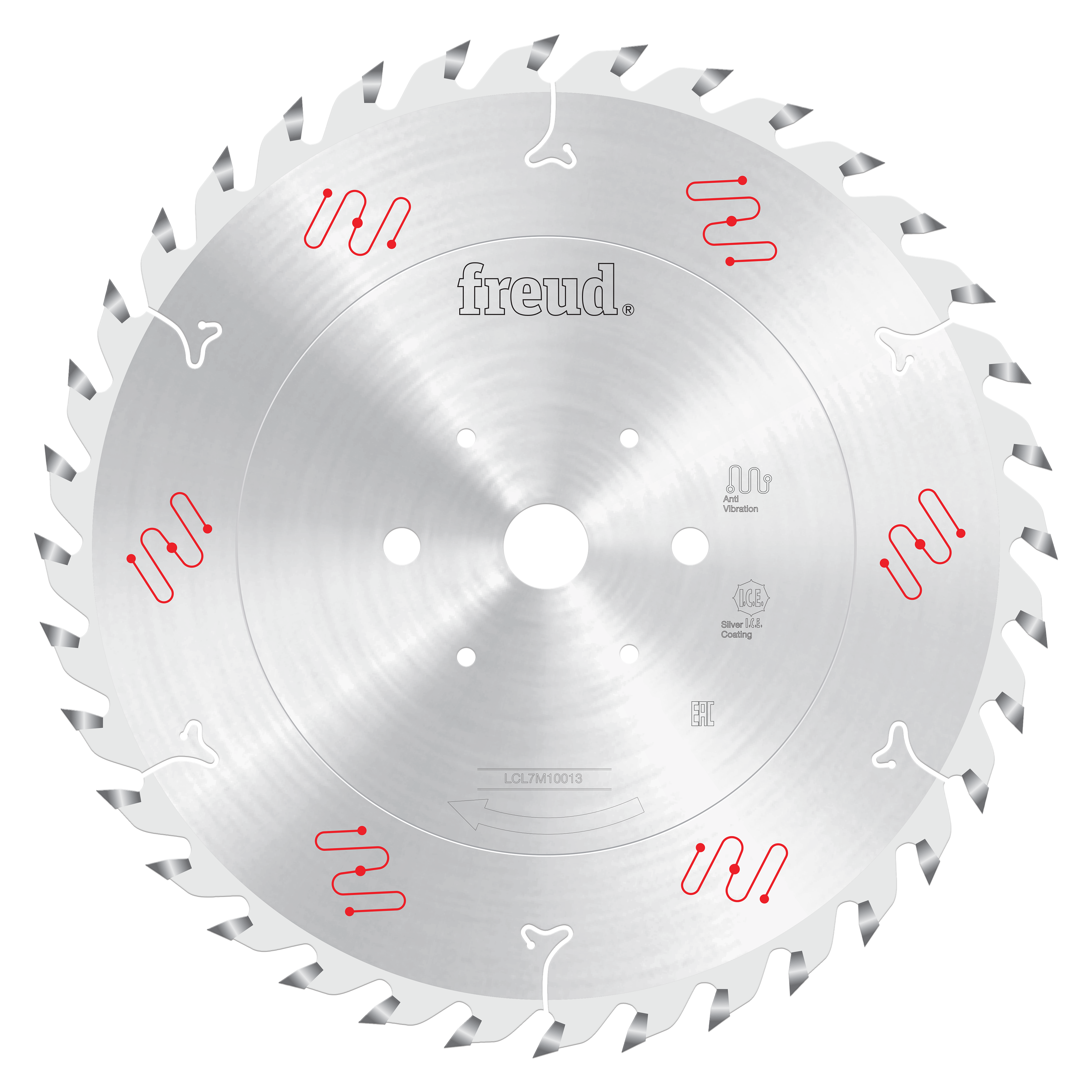 Silver circular saw blade with multiple teeth around the edge, center mounting holes, and red and white markings with Freud b