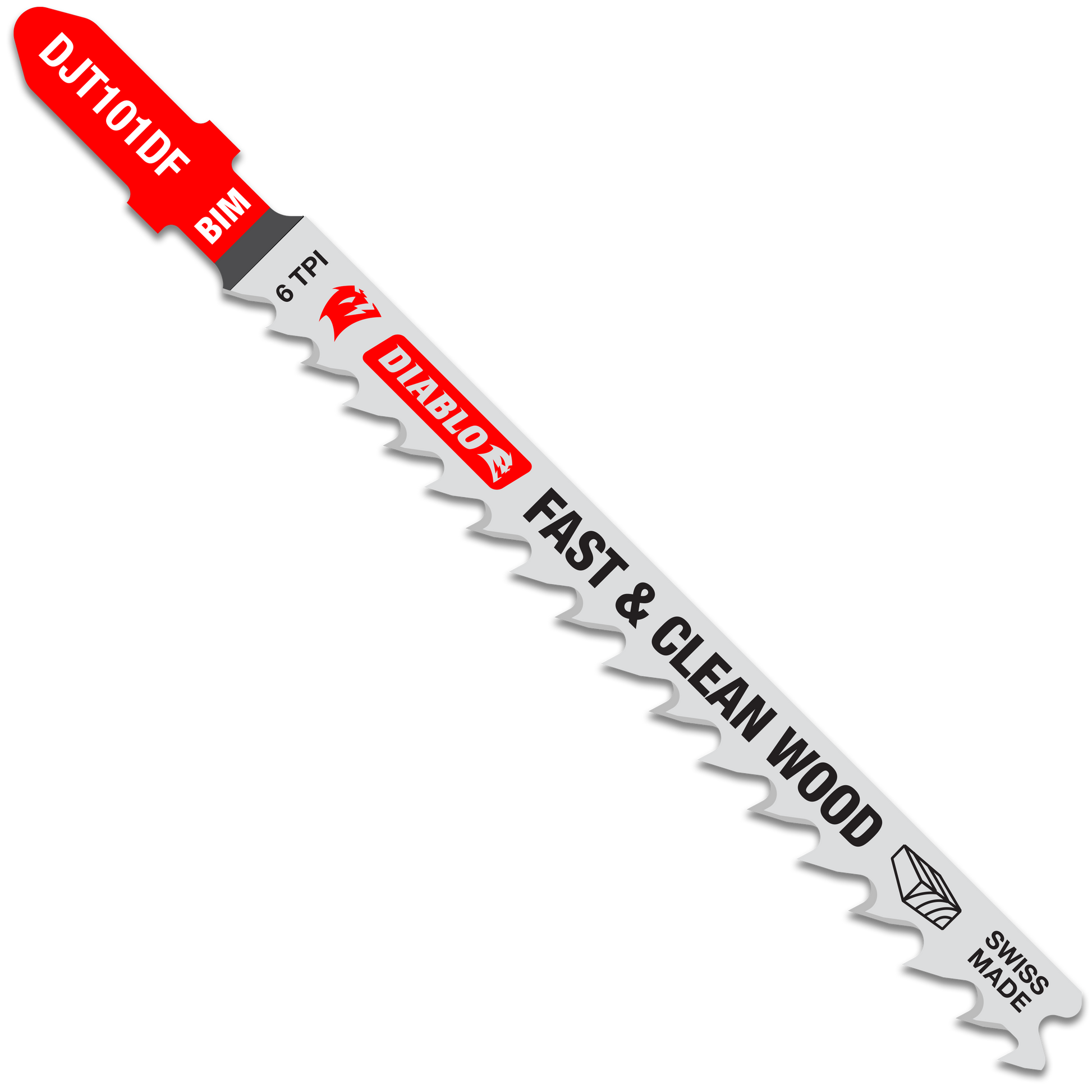 Diablo bi-metal T-shank jig saw blade with 6 TPI teeth and red branded collar on white shaft.