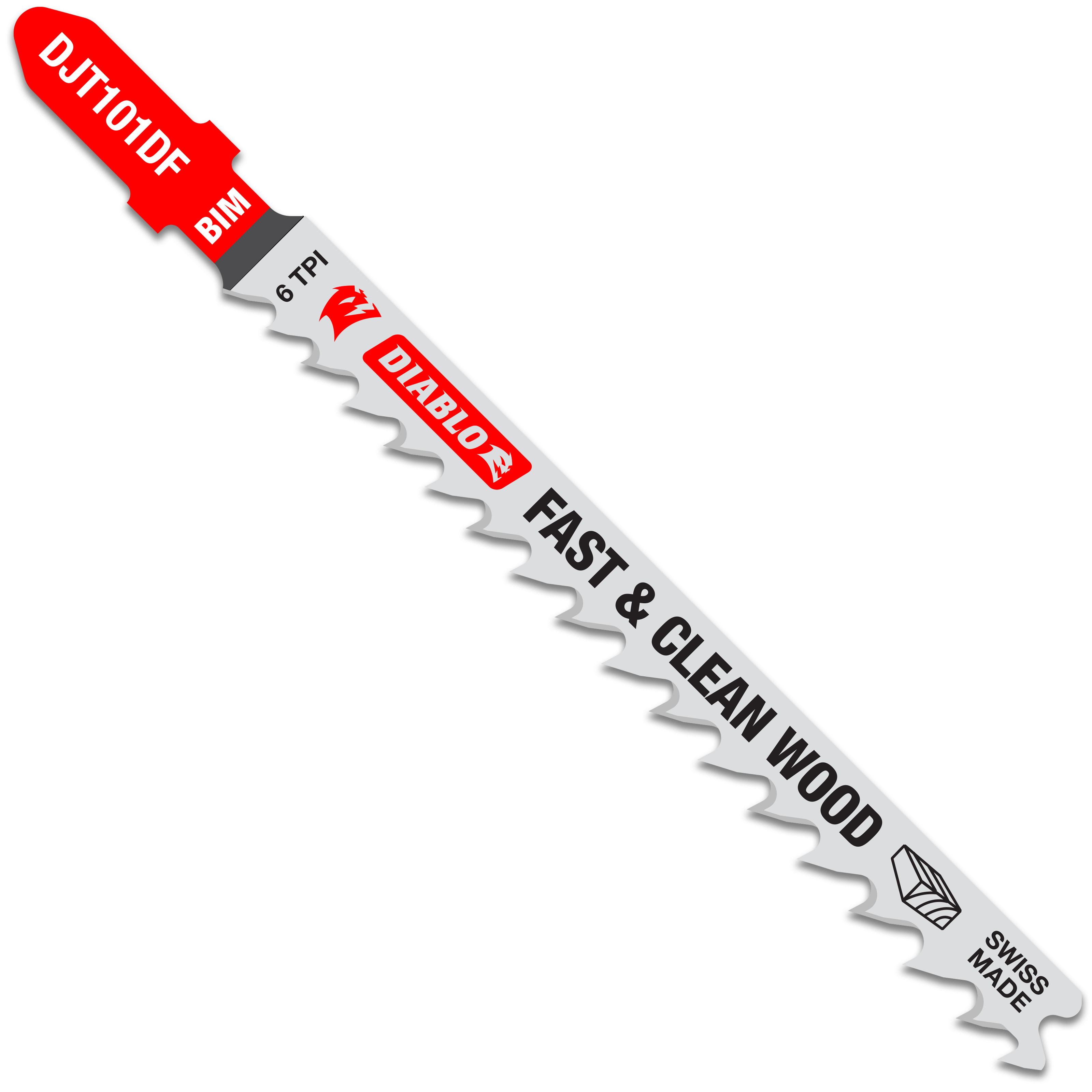Diablo bi-metal T-shank jig saw blade with 6 TPI teeth and red branded collar on white shaft.
