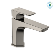 Polished nickel single-handle bathroom sink faucet with rectangular spout and black accent trim.