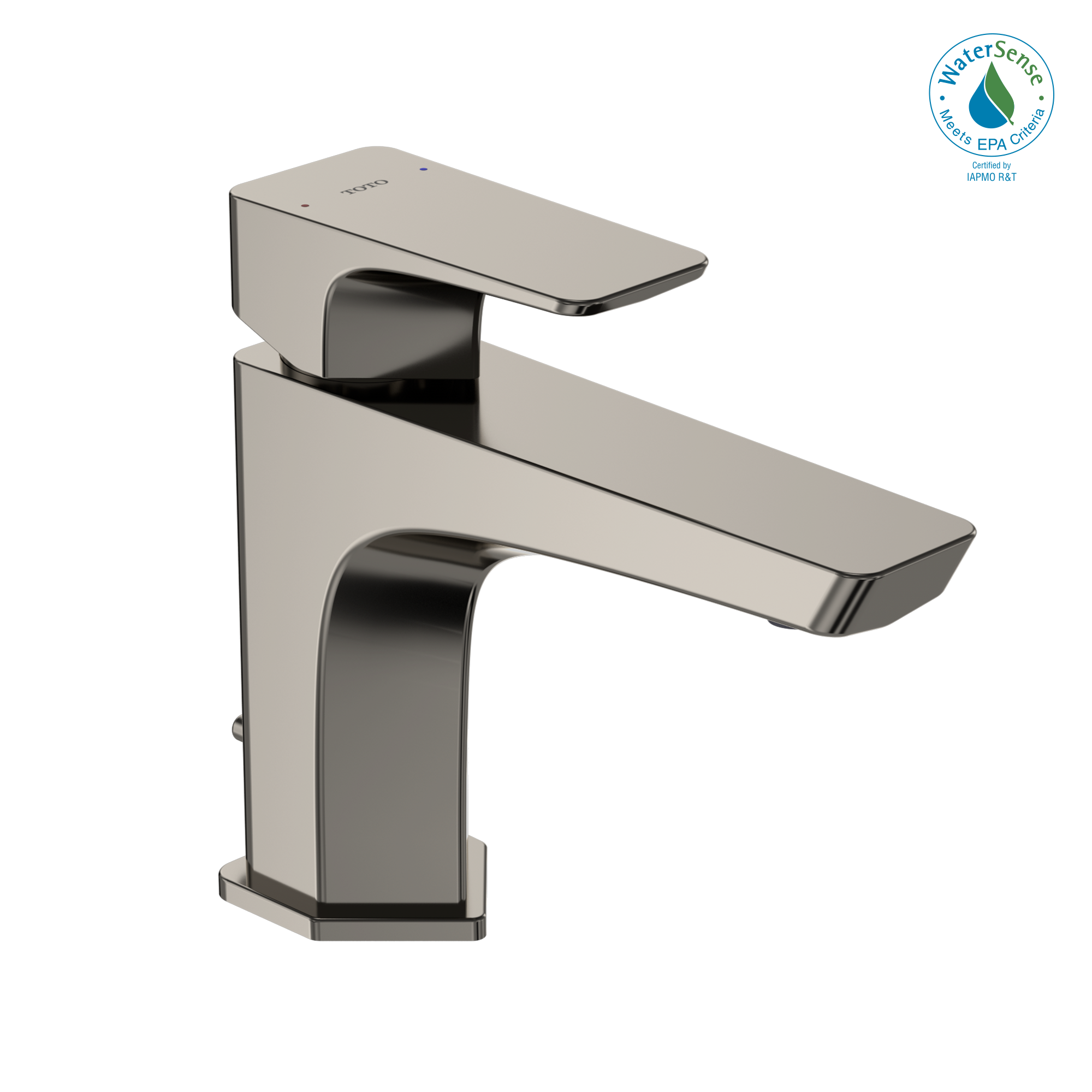 Polished nickel single-handle bathroom sink faucet with rectangular spout and black accent trim.