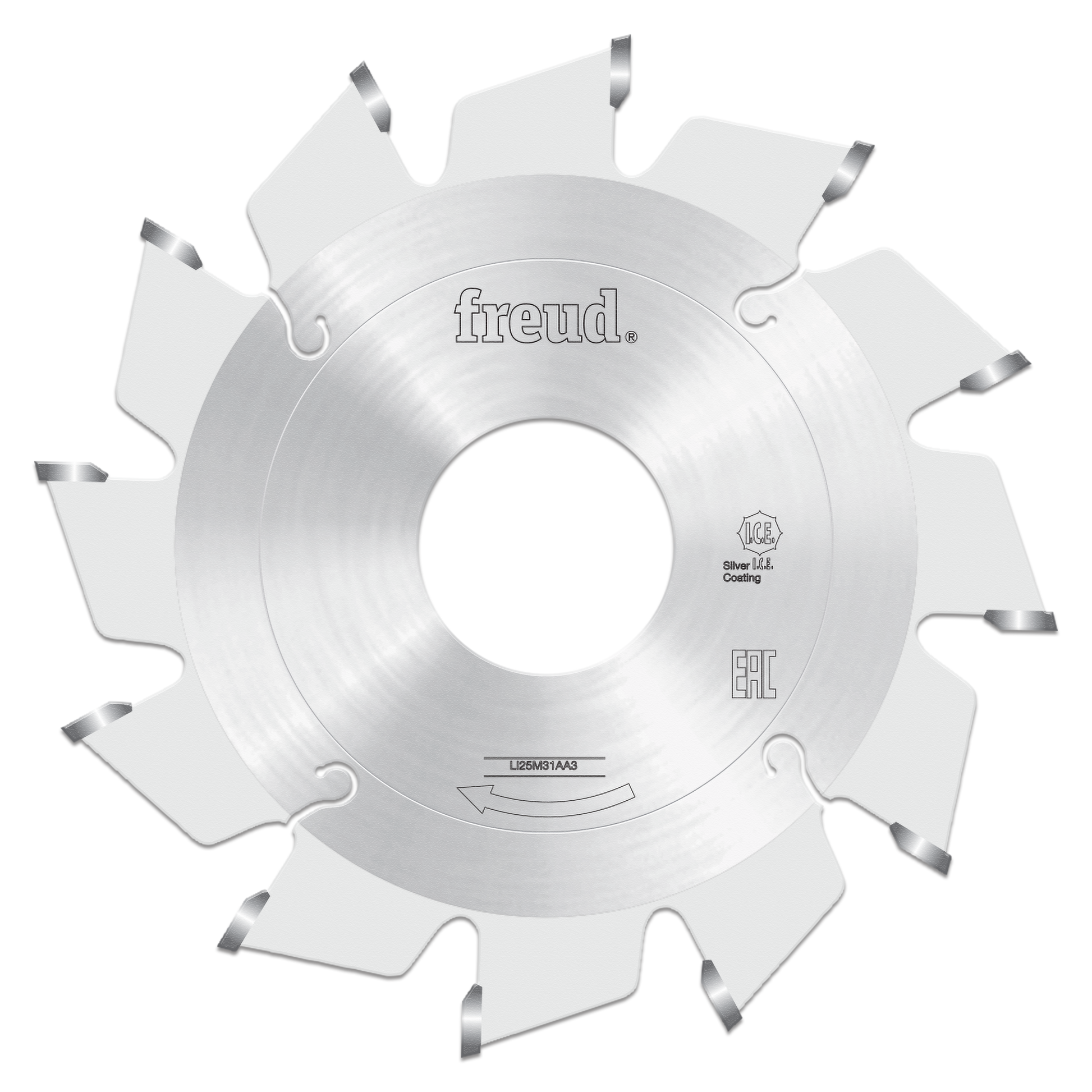 Freud 80mm conical scoring saw blade with silver coating and carbide-tipped teeth for woodworking cuts.
