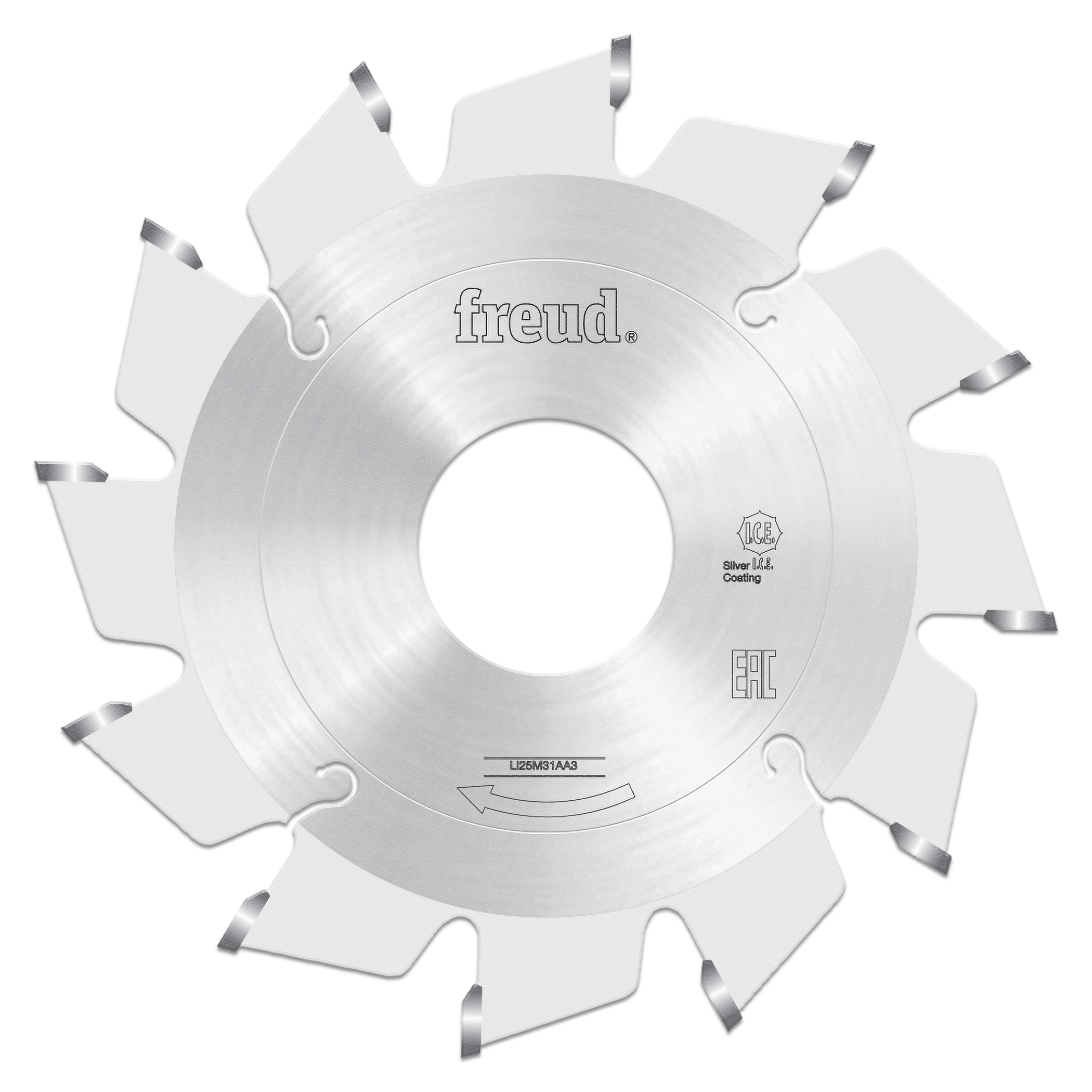 Freud 80mm conical scoring saw blade with silver coating and carbide-tipped teeth for woodworking cuts.
