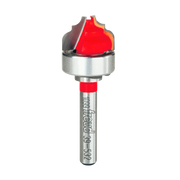 Router bit with red cutting head, silver metal shaft, and bearing collar for decorative edge profiling.