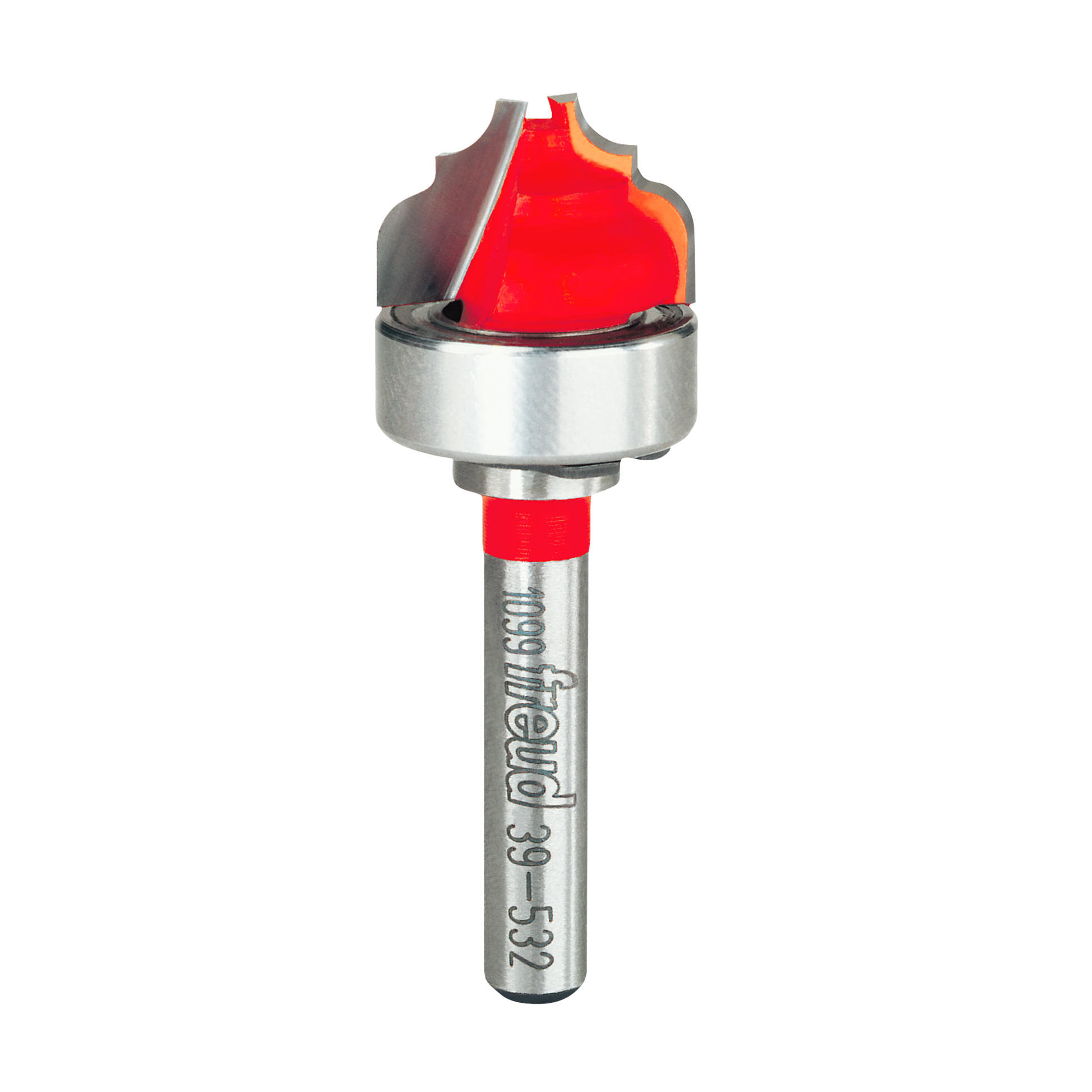 Router bit with red cutting head, silver metal shaft, and bearing collar for decorative edge profiling.