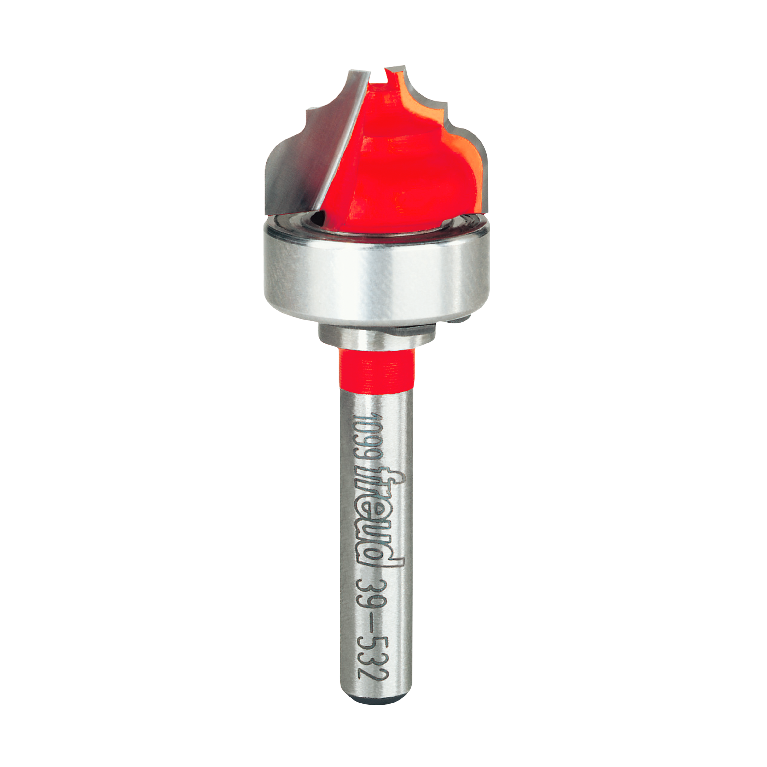 Router bit with red cutting head, silver metal shaft, and bearing collar for decorative edge profiling.