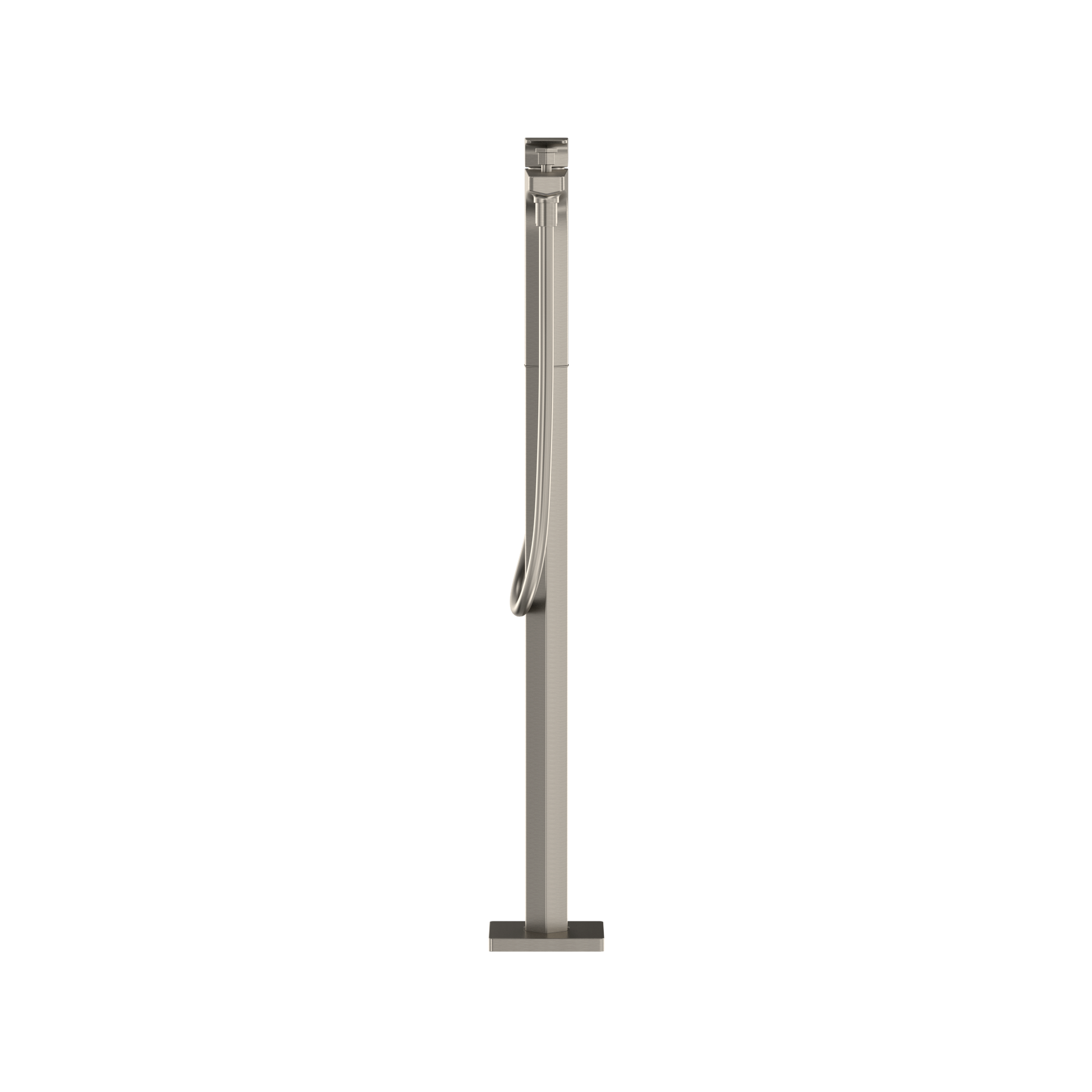 Brushed nickel single-handle freestanding tub filler with attached handshower and hose.
