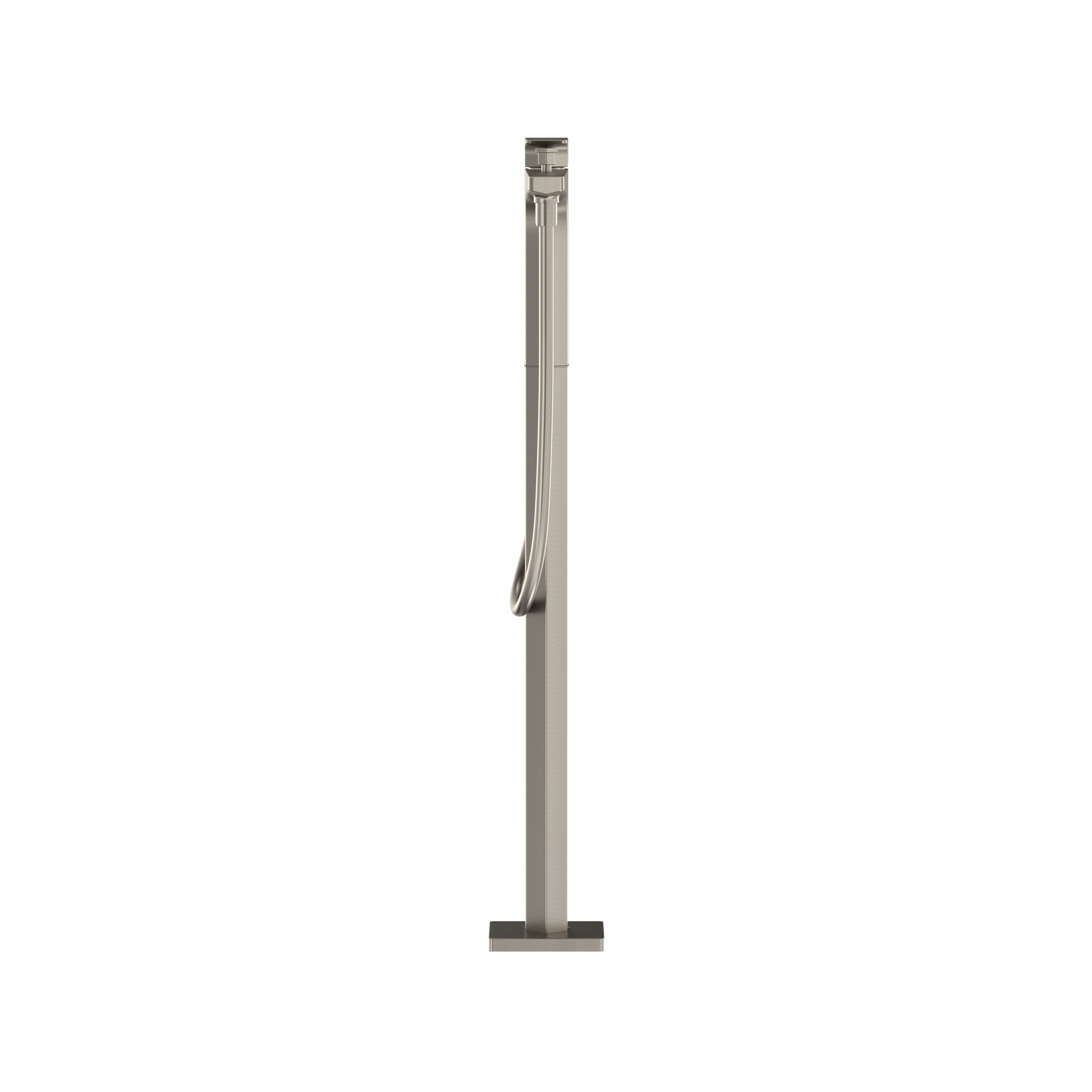 Brushed nickel single-handle freestanding tub filler with attached handshower and hose.