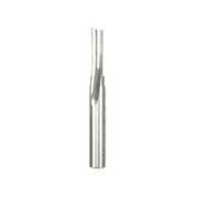 Silver cylindrical router bit with single flute cutting edge and straight shaft design.