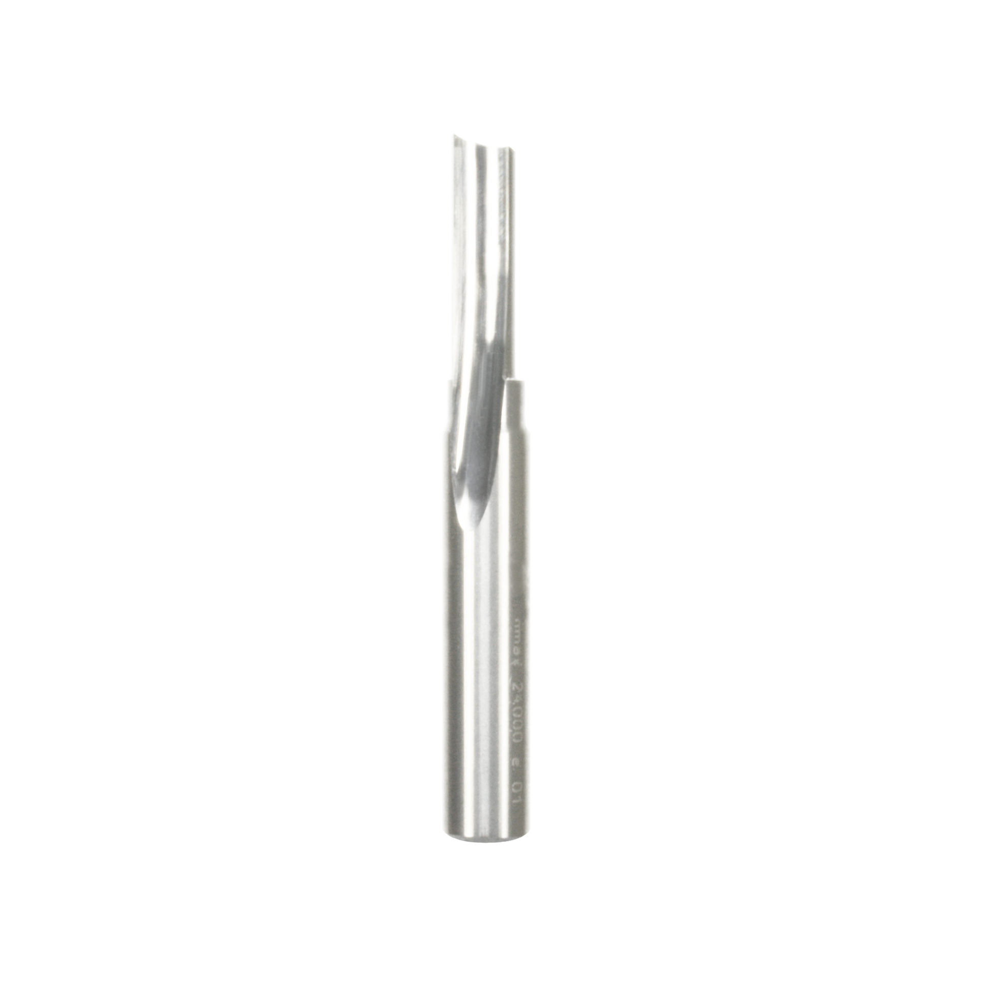Silver cylindrical router bit with single flute cutting edge and straight shaft design.