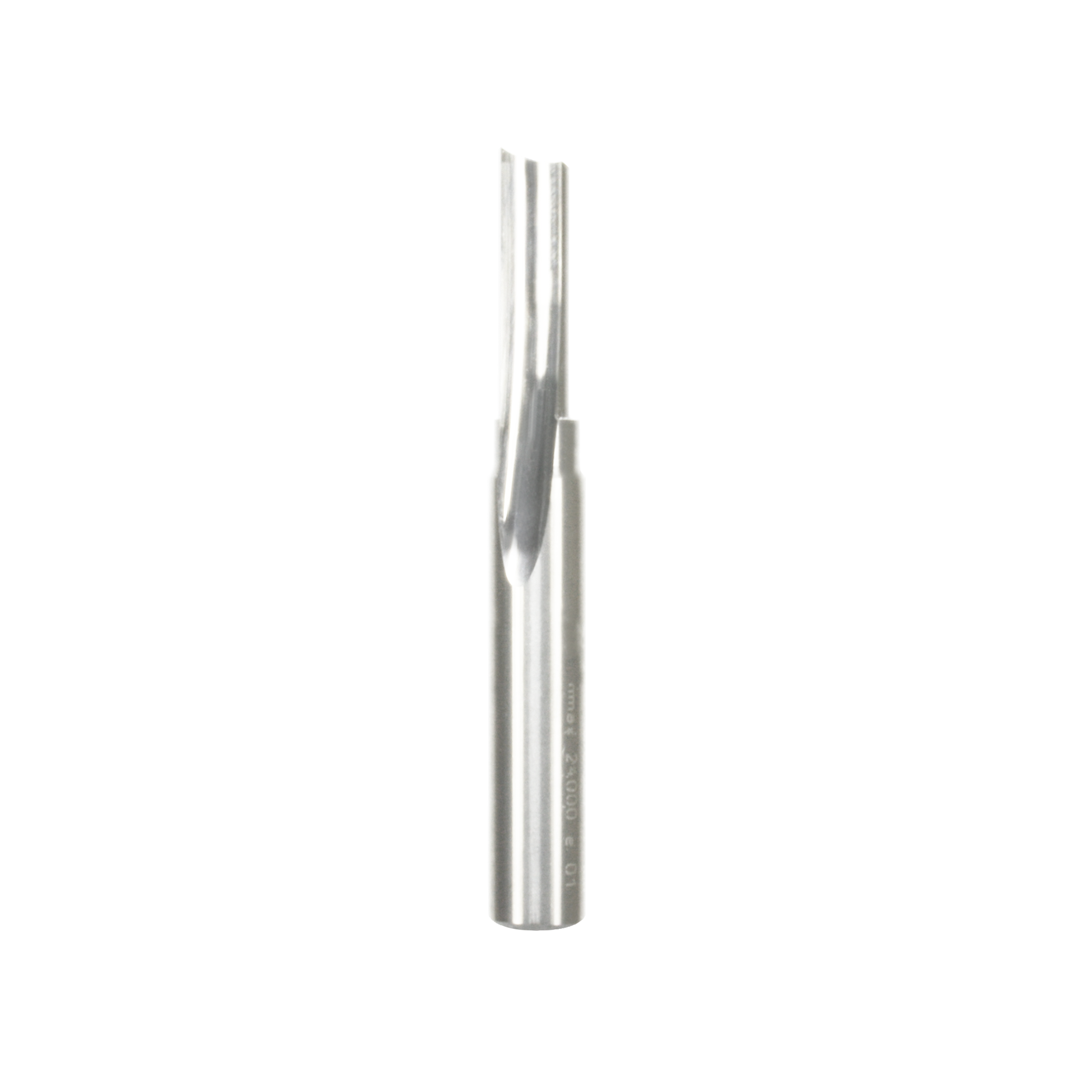Silver cylindrical router bit with single flute cutting edge and straight shaft design.