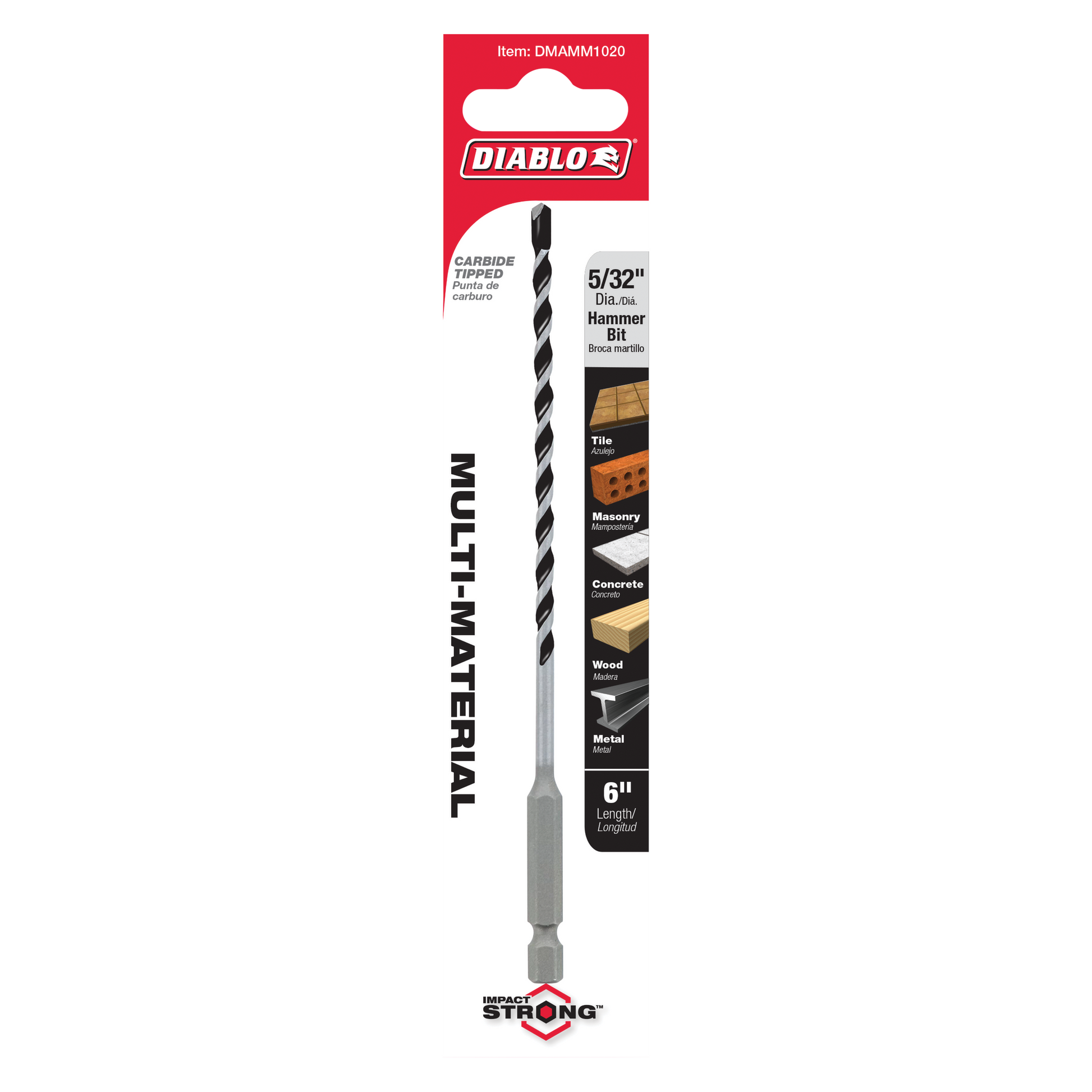 Diablo 5/32 in. carbide-tipped hammer drill bit with gray hex shank, packaged in red Diablo branded packaging.