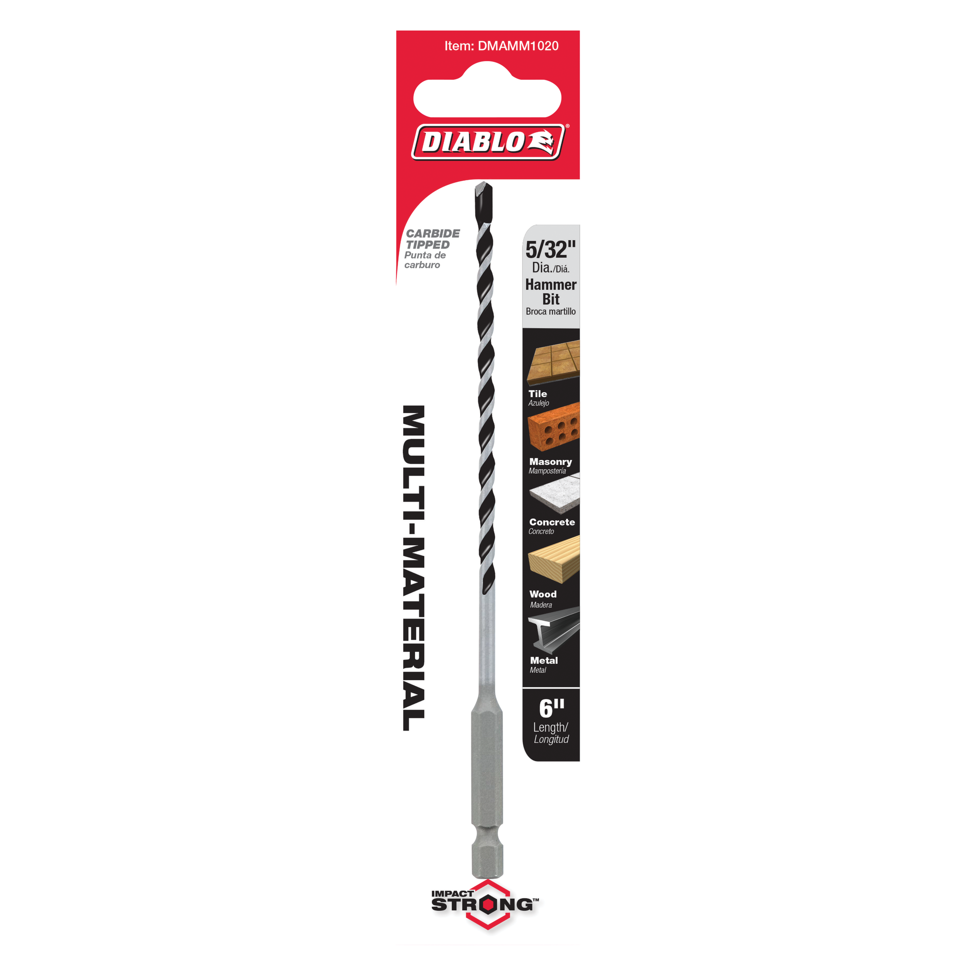 Diablo 5/32 in. carbide-tipped hammer drill bit with gray hex shank, packaged in red Diablo branded packaging.