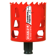 Red cylindrical holesaw with carbide-tipped teeth and black shank, labeled Diablo for wood and metal cutting.