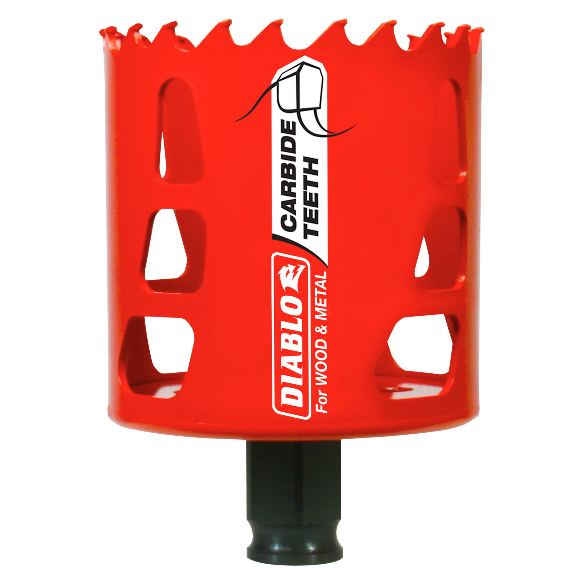 Red cylindrical holesaw with carbide-tipped teeth and black shank, labeled Diablo for wood and metal cutting.