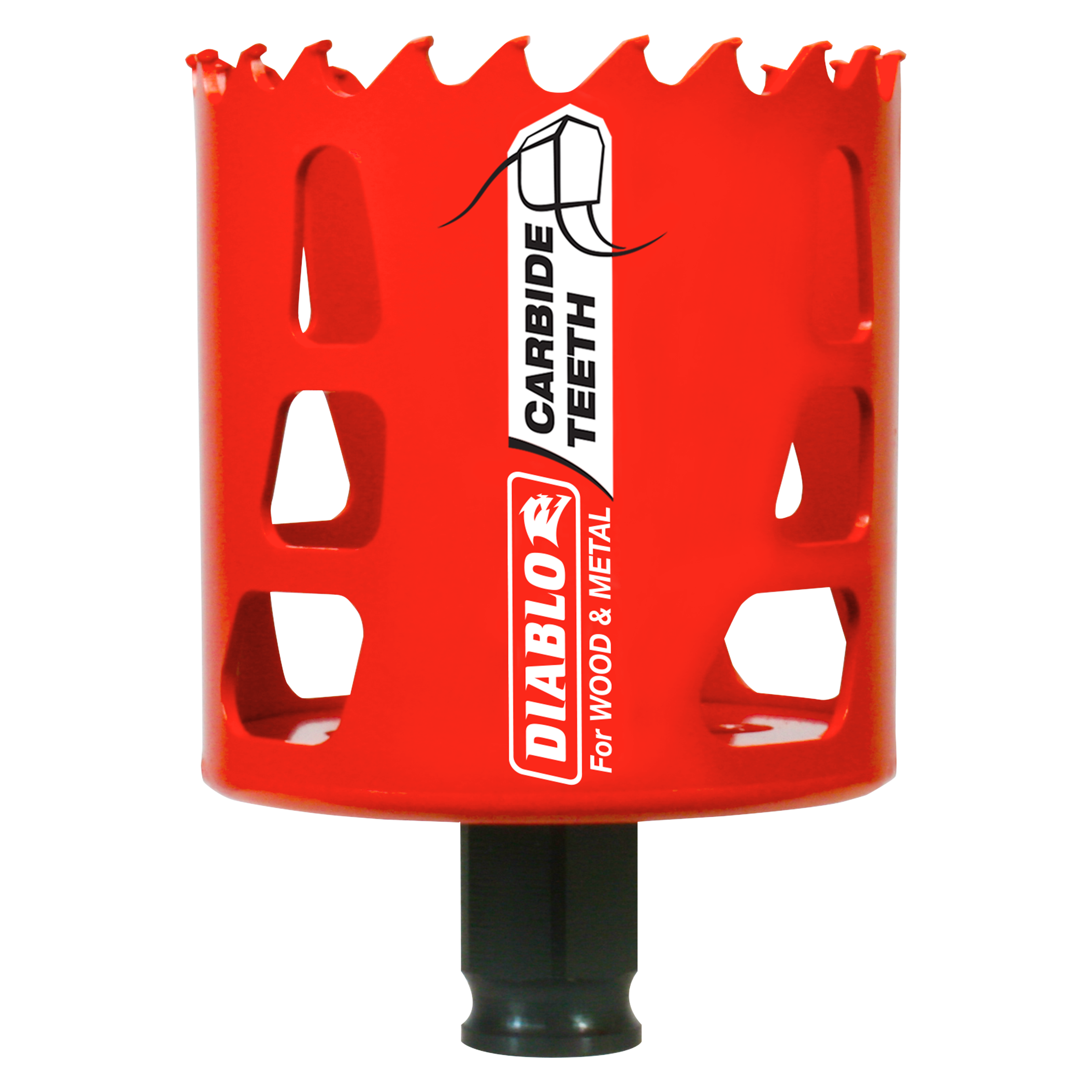 Red cylindrical holesaw with carbide-tipped teeth and black shank, labeled Diablo for wood and metal cutting.