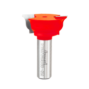 Red router bit with profiled cutting head mounted on silver metal shank labeled Freud.
