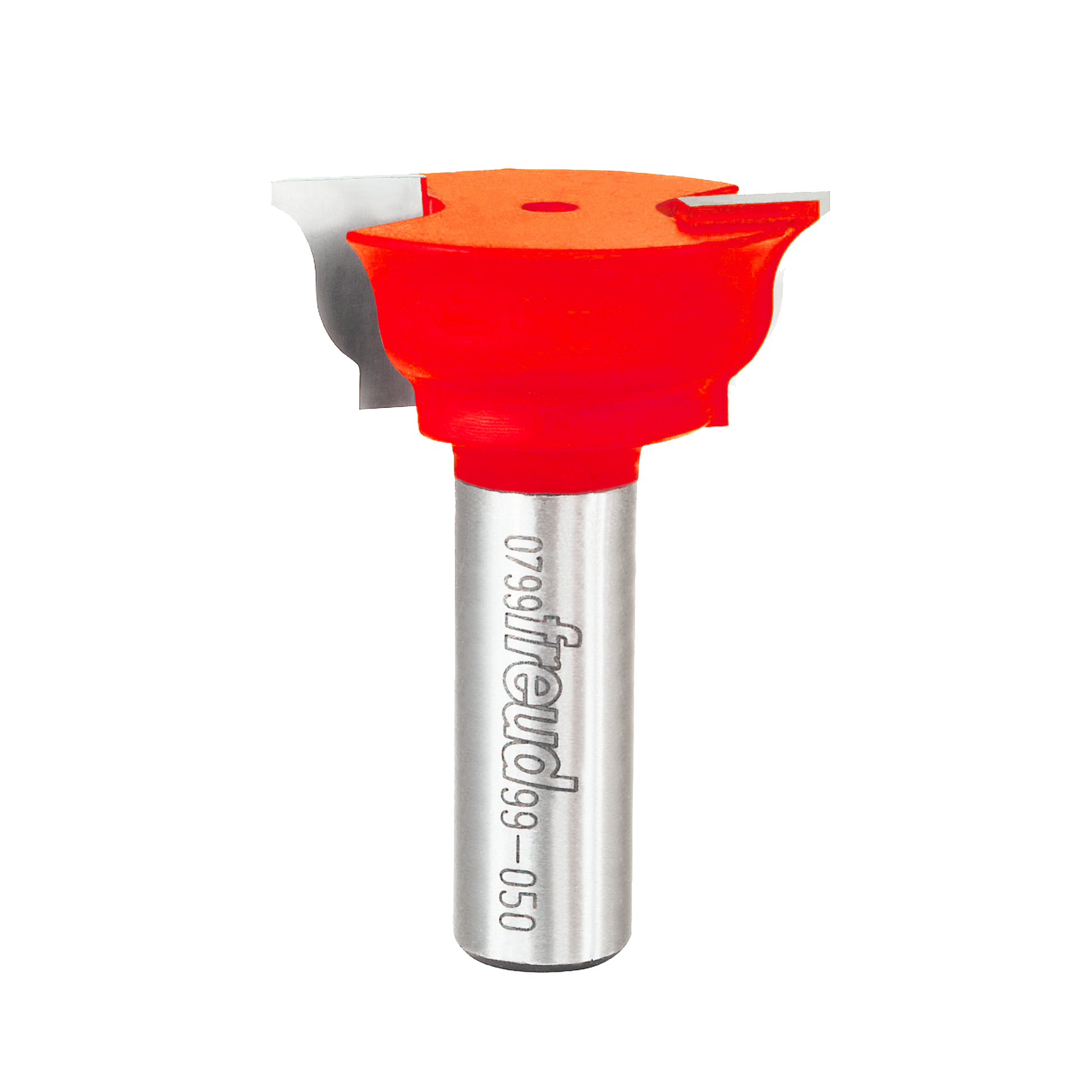 Red router bit with profiled cutting head mounted on silver metal shank labeled Freud.