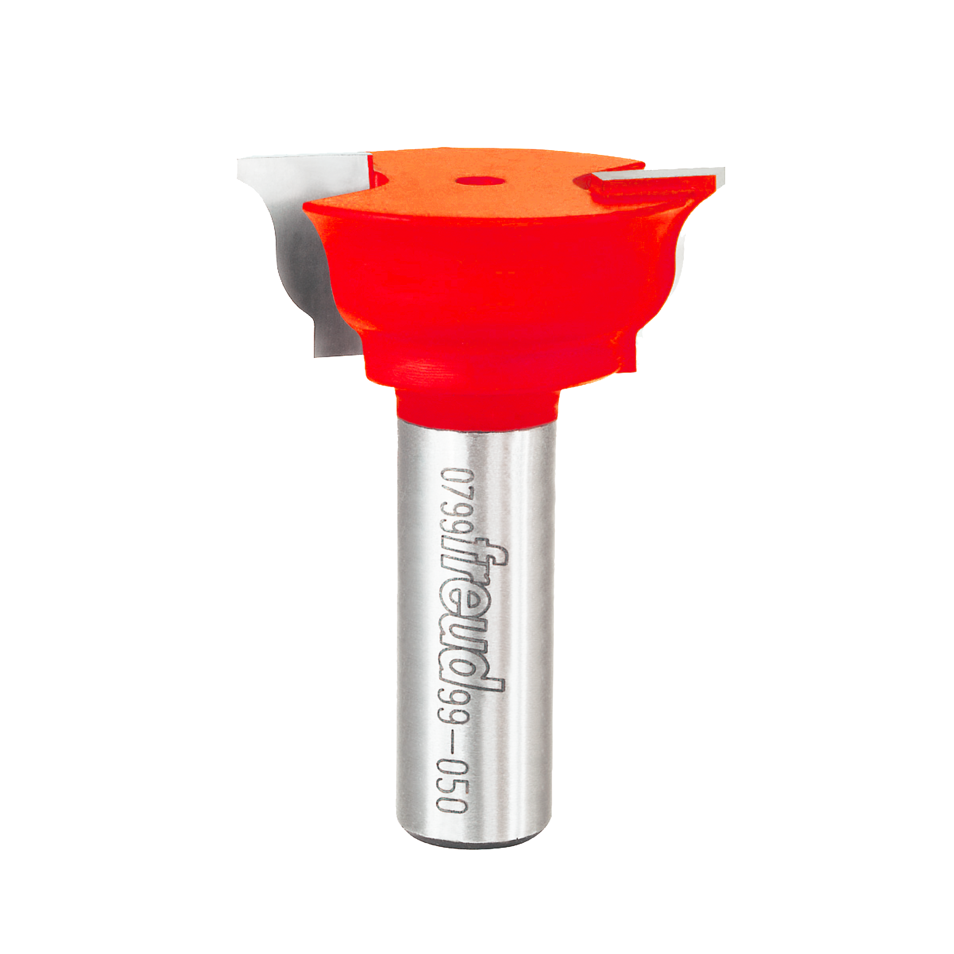 Red router bit with profiled cutting head mounted on silver metal shank labeled Freud.
