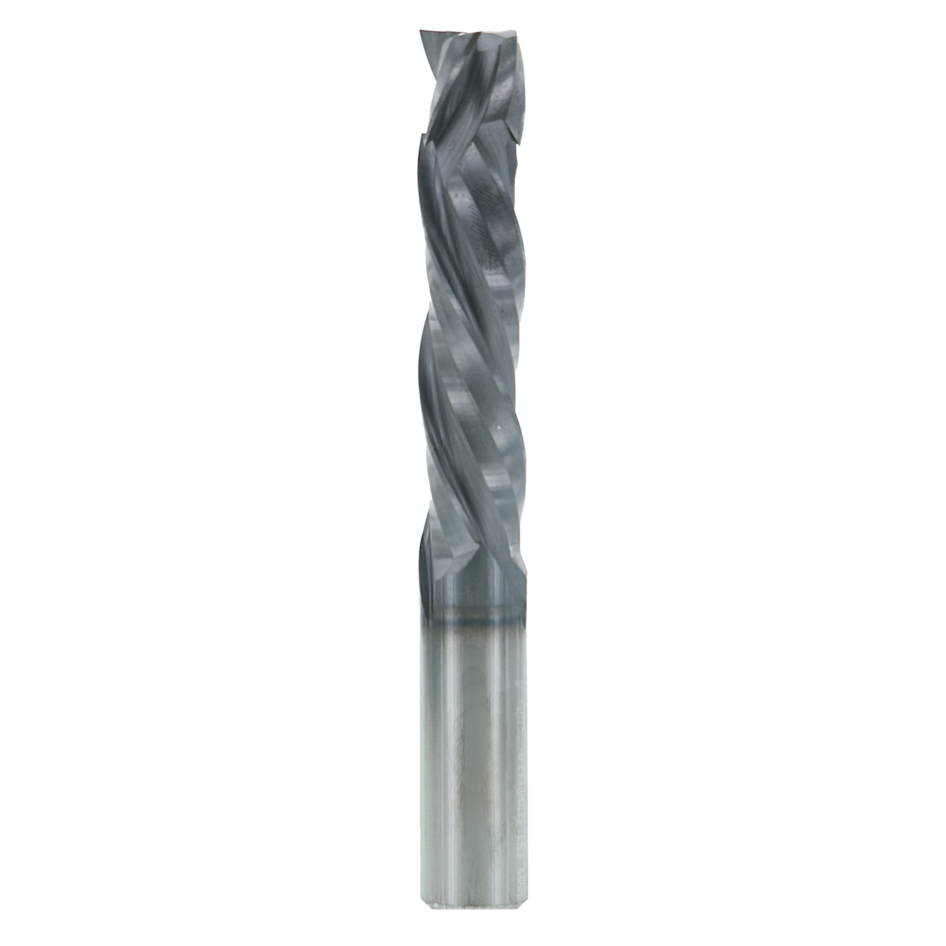 Freud 1/2" diameter three flute mortise compression bit with gray cutting head and silver metal shank.