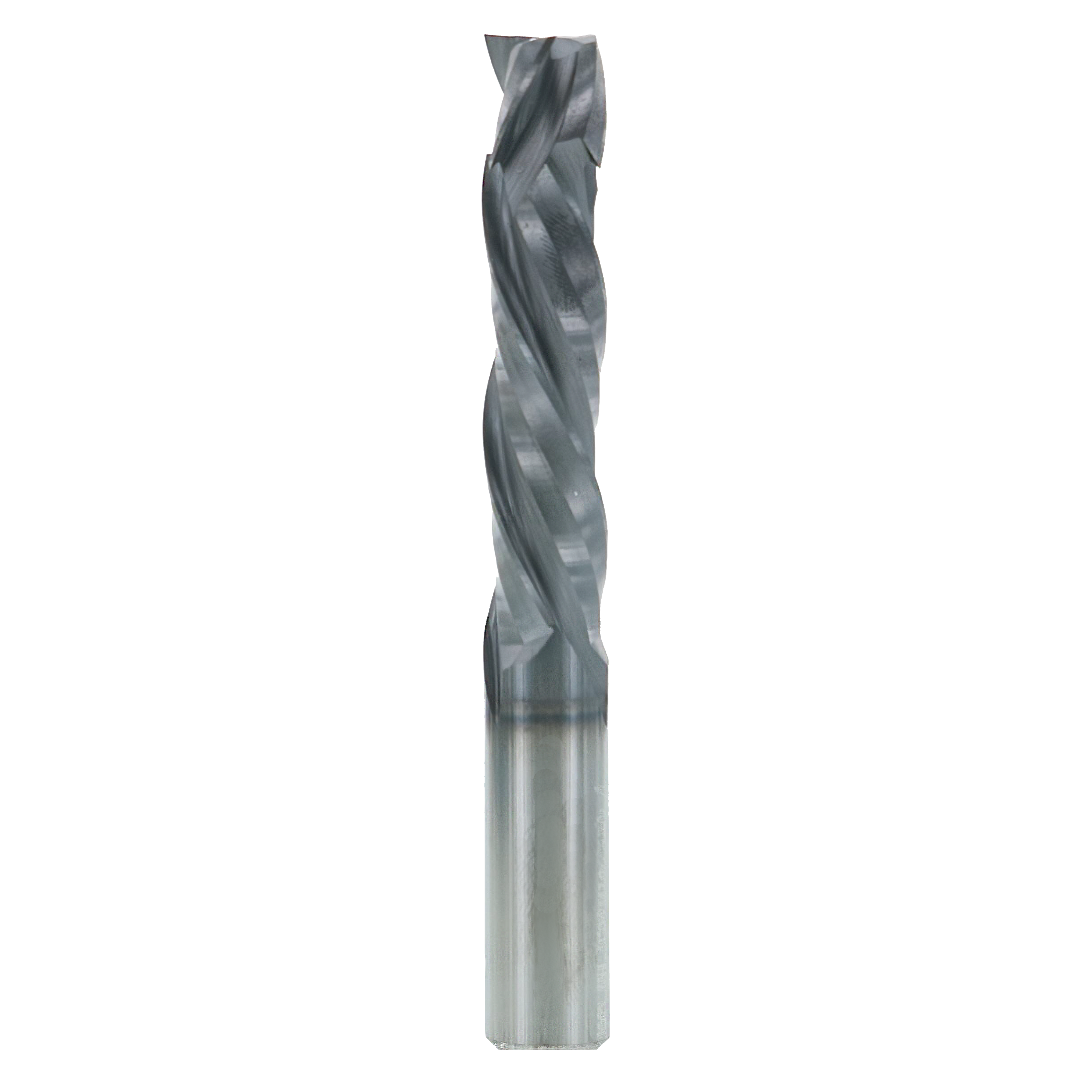 Freud 1/2" diameter three flute mortise compression bit with gray cutting head and silver metal shank.