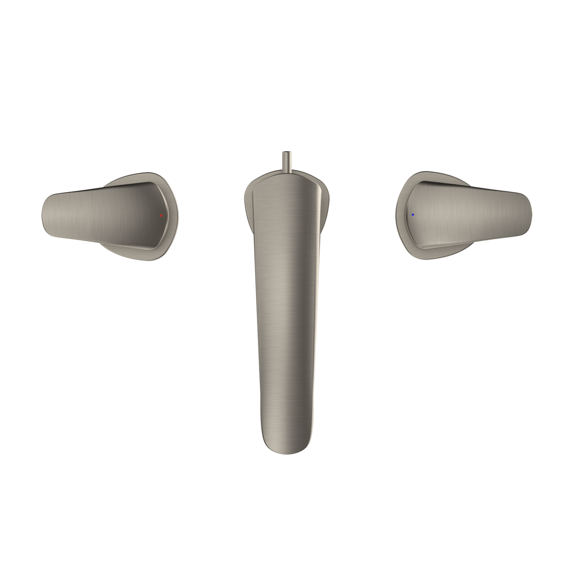 Brushed nickel two-handle widespread bathroom sink faucet with cylindrical spout and lever handles.