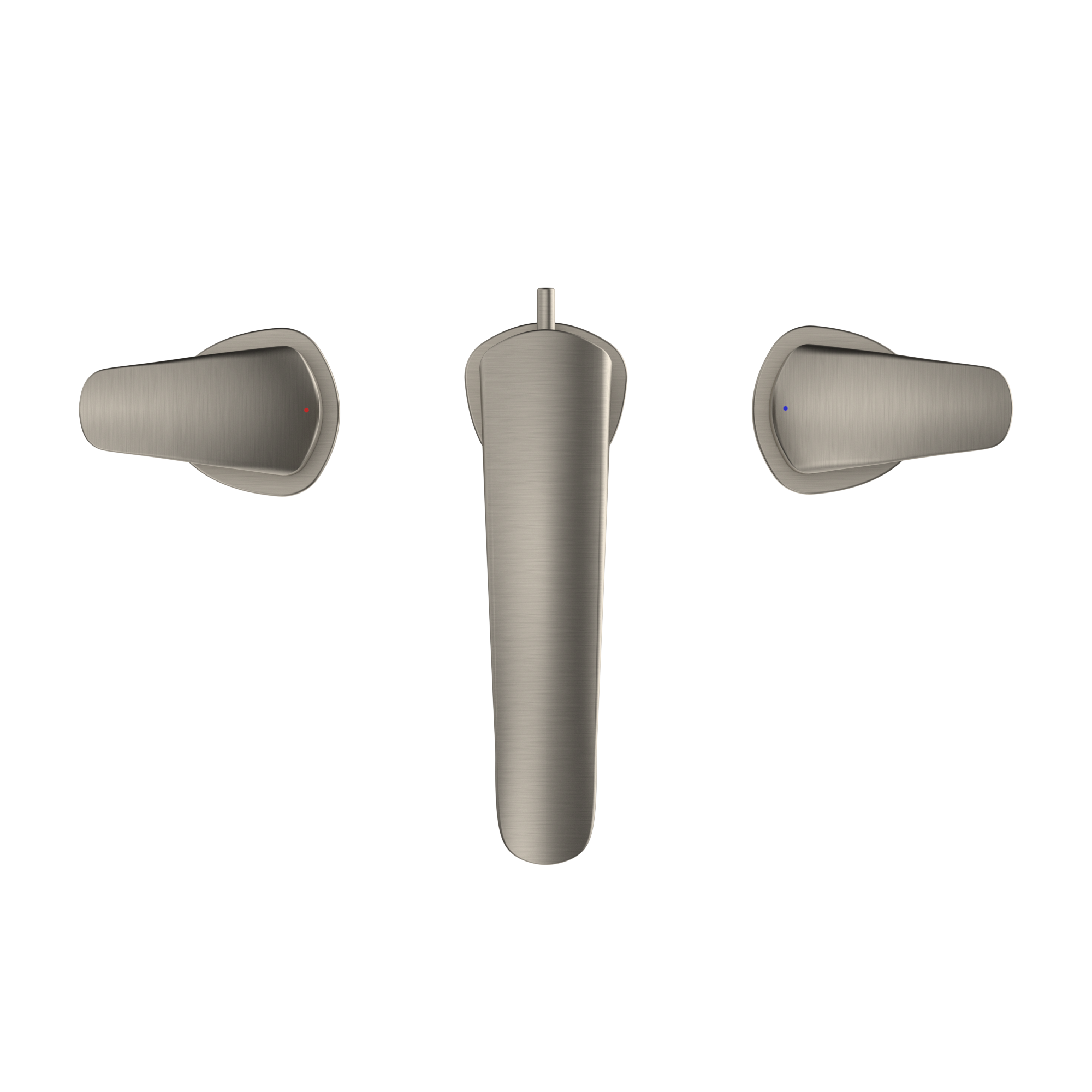 Brushed nickel two-handle widespread bathroom sink faucet with cylindrical spout and lever handles.