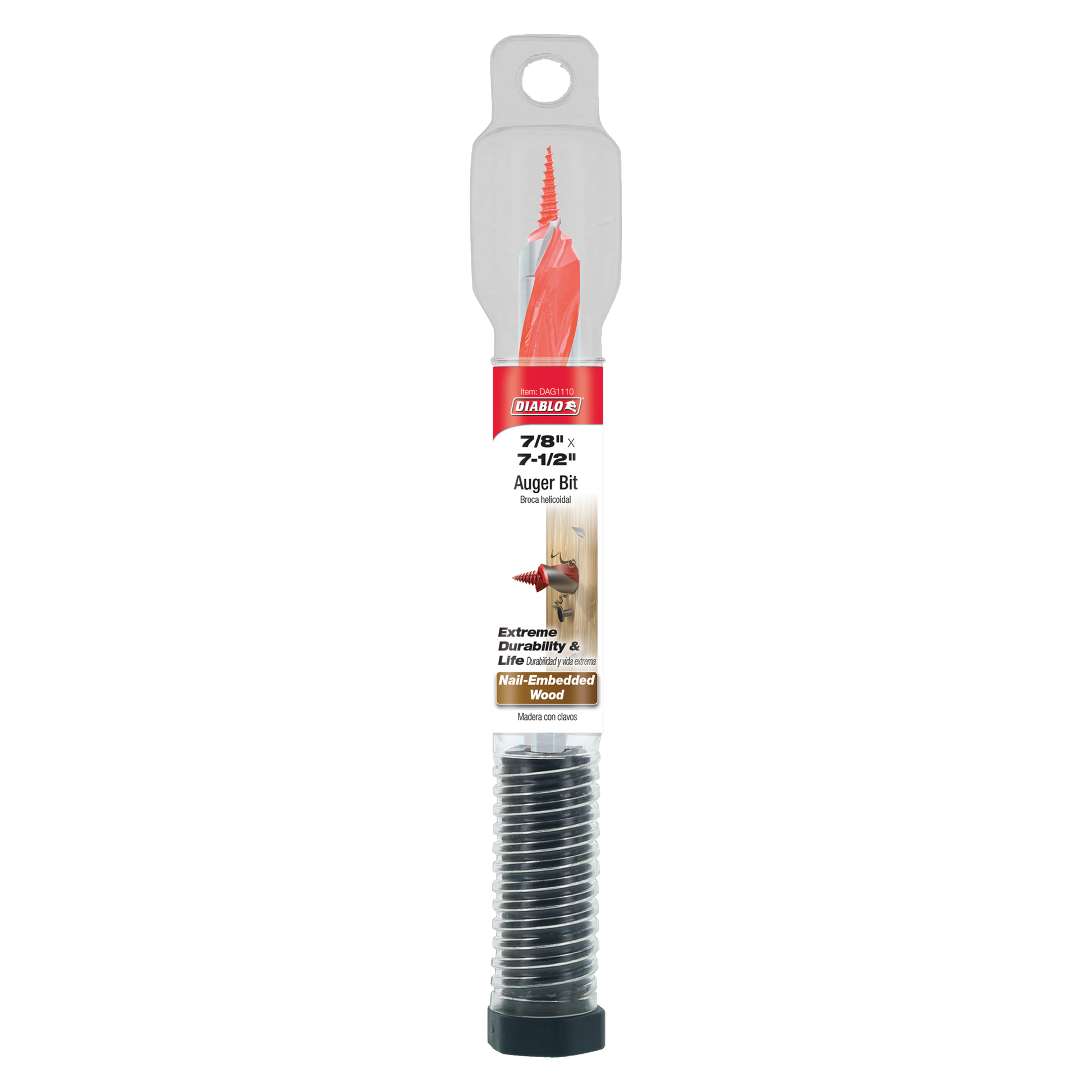Red and silver auger bit with gray packaging and clear plastic case, displaying 7/8" x 7-1/2" specifications and coiled metal