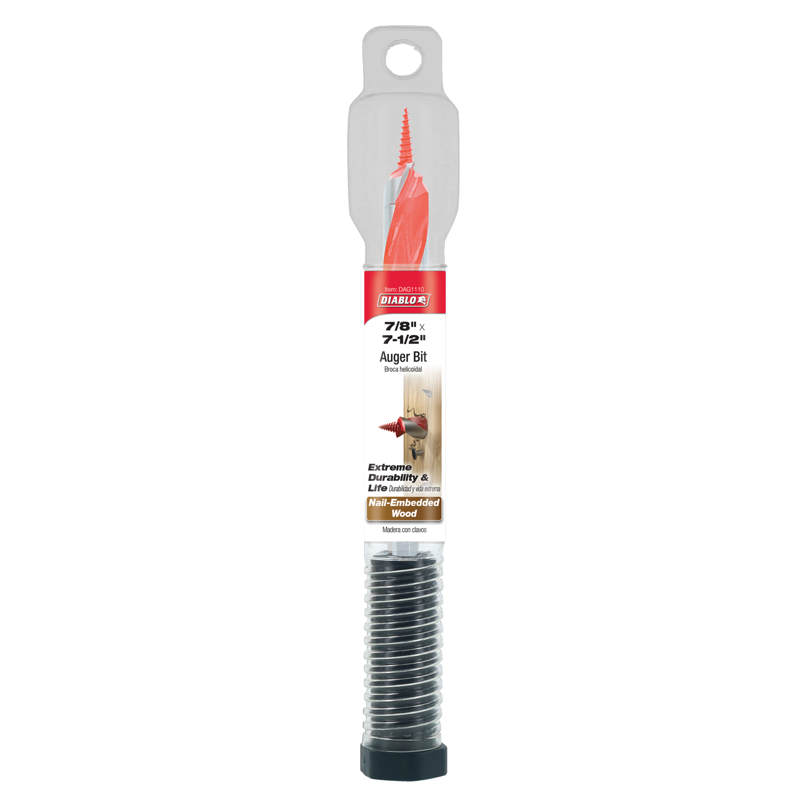 Red and silver auger bit with gray packaging and clear plastic case, displaying 7/8" x 7-1/2" specifications and coiled metal