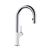 Chrome and white pull-down kitchen faucet with arched spout and single lever handle.