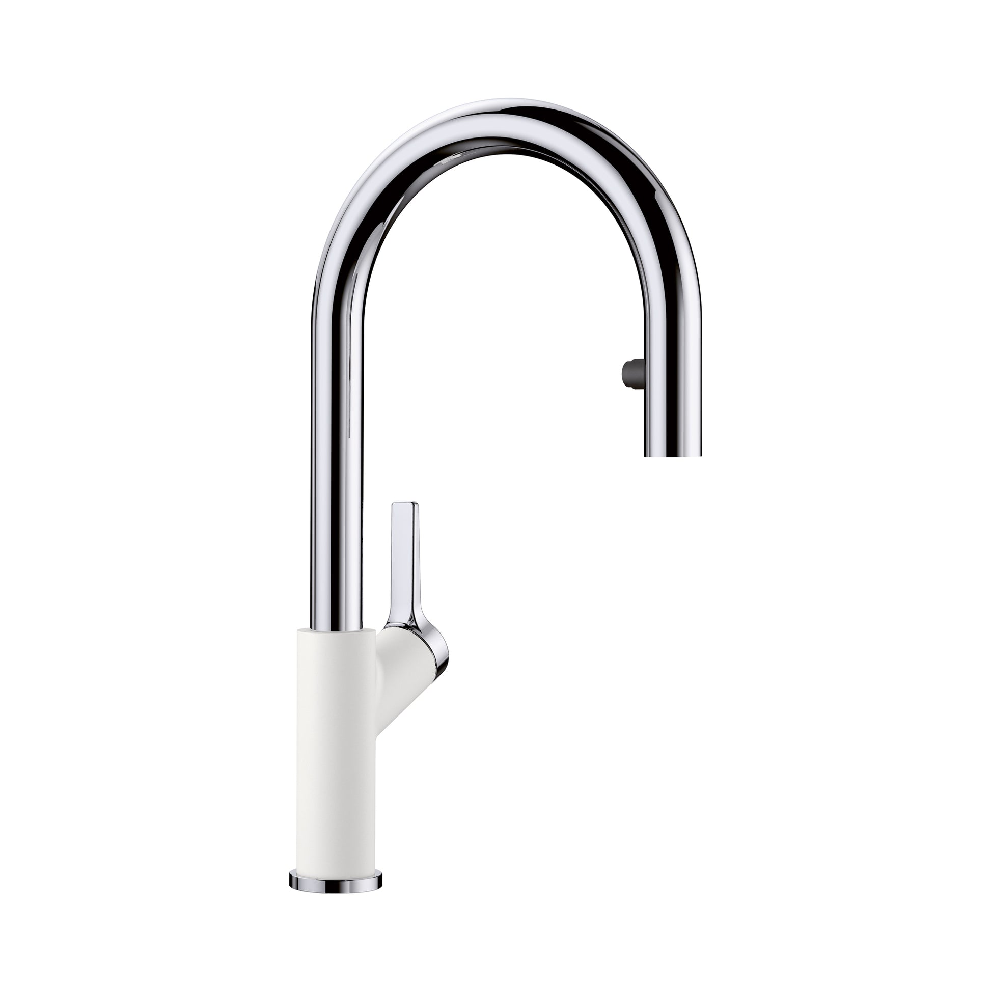 Chrome and white pull-down kitchen faucet with arched spout and single lever handle.
