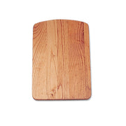 Rectangular wood cutting board with rounded corners and visible grain texture.