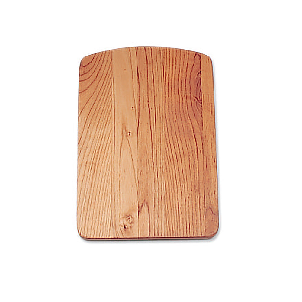 Rectangular wood cutting board with rounded corners and visible grain texture.