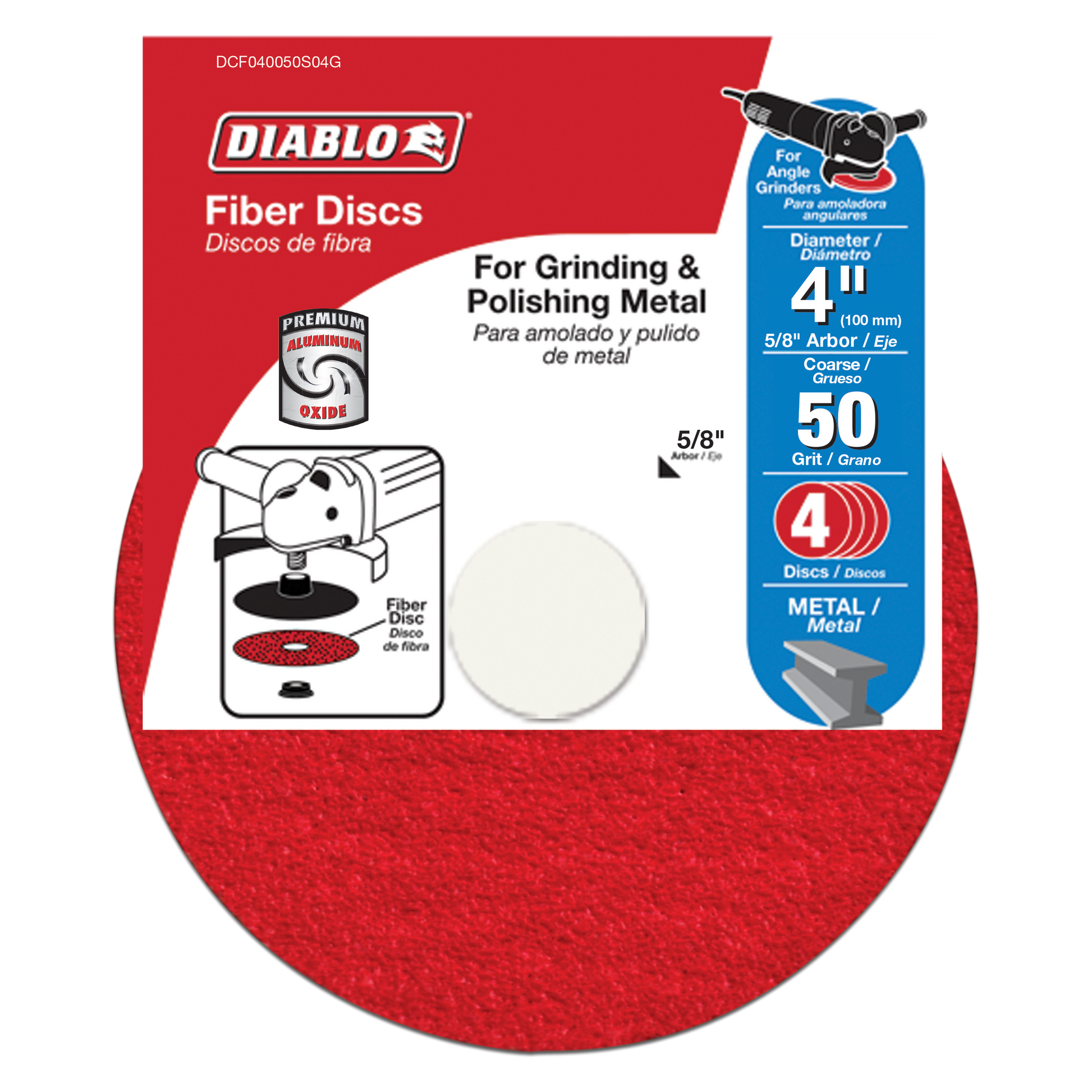 Four-pack of 4-inch red fiber discs with 50-grit aluminum oxide for angle grinders, shown on packaging with product specifica