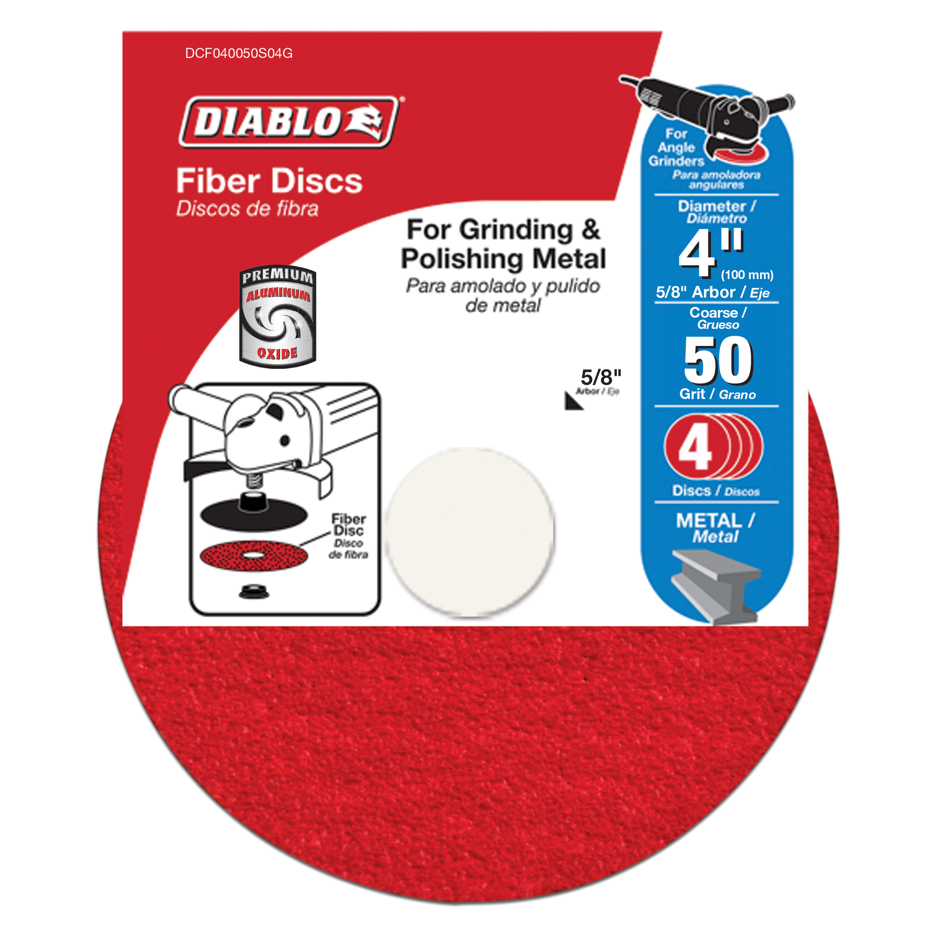 Four-pack of 4-inch red fiber discs with 50-grit aluminum oxide for angle grinders, shown on packaging with product specifica