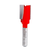 Red and silver double flute straight router bit with metallic shank and Freud branding.