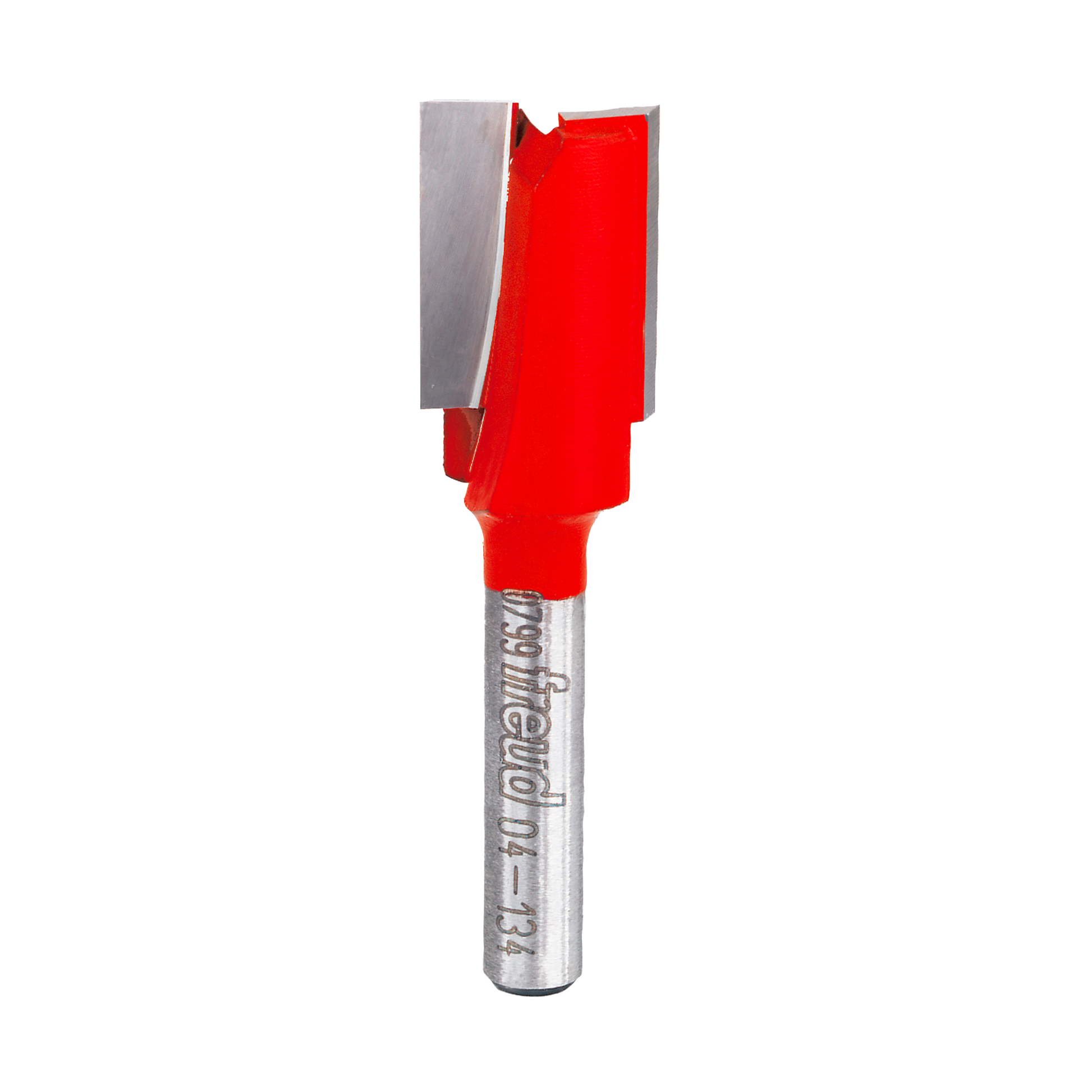 Red and silver double flute straight router bit with metallic shank and Freud branding.