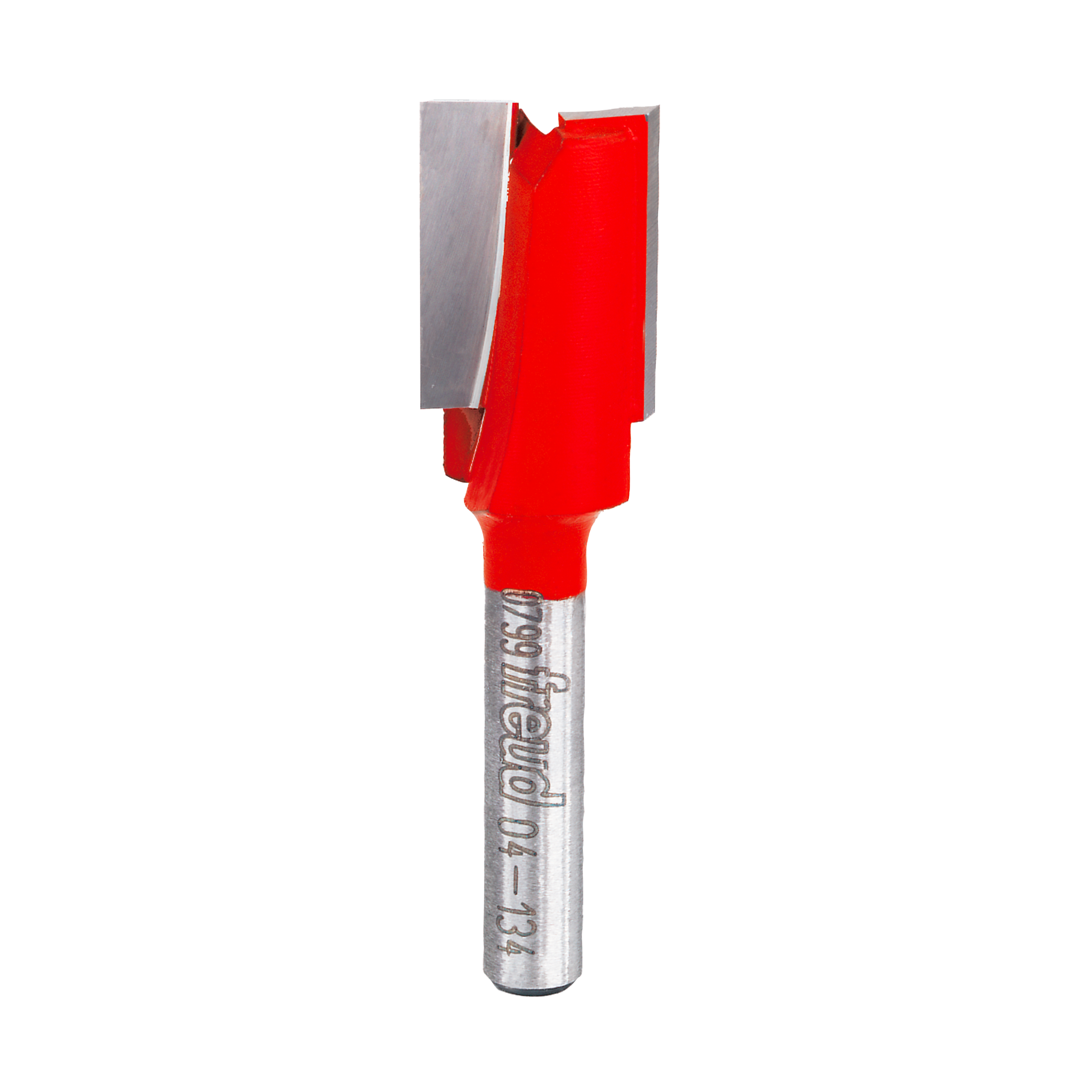 Red and silver double flute straight router bit with metallic shank and Freud branding.