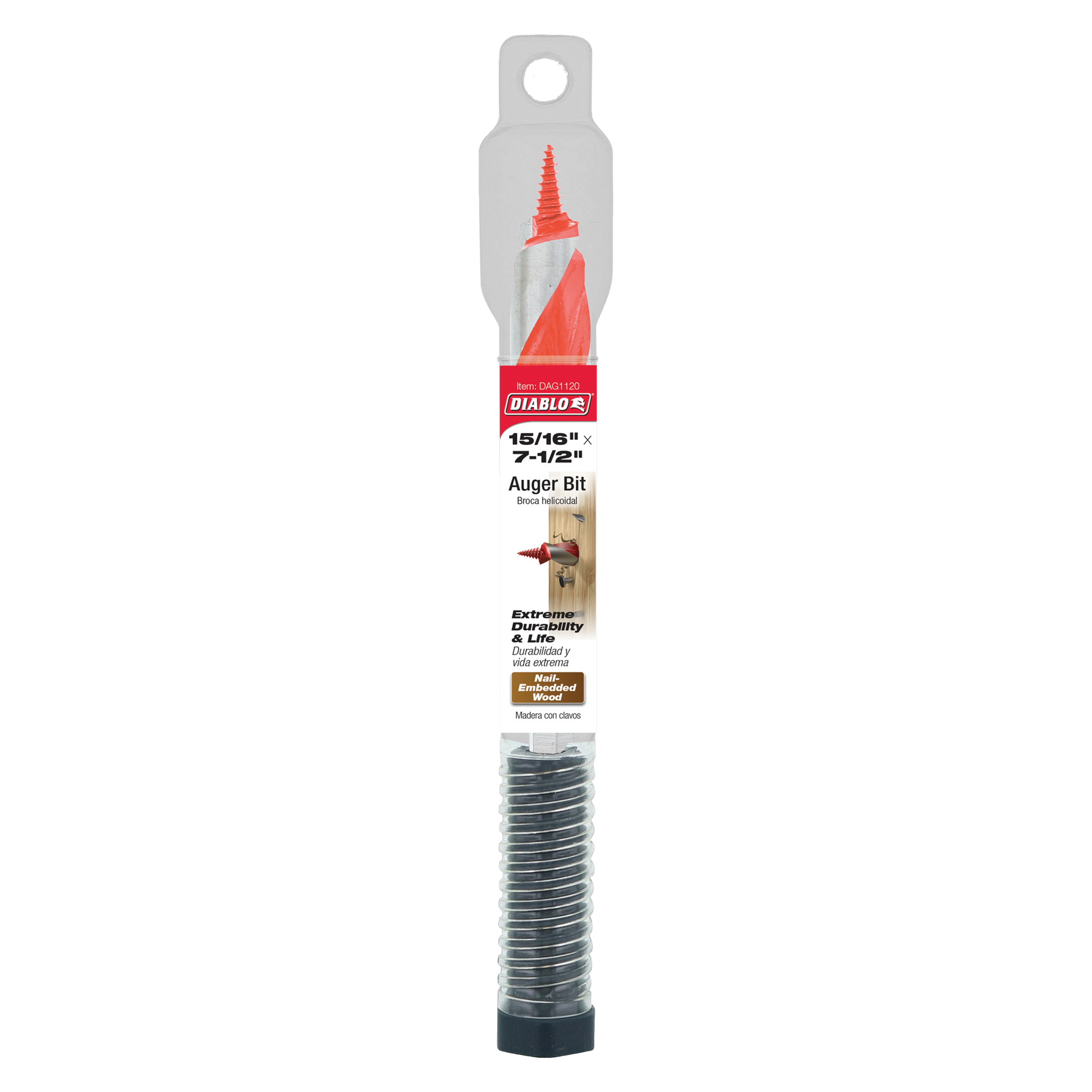 Diablo auger bit with red spiral flutes, gray packaging showing 15/16 in. x 7-1/2 in. specifications, and metal threaded shaf