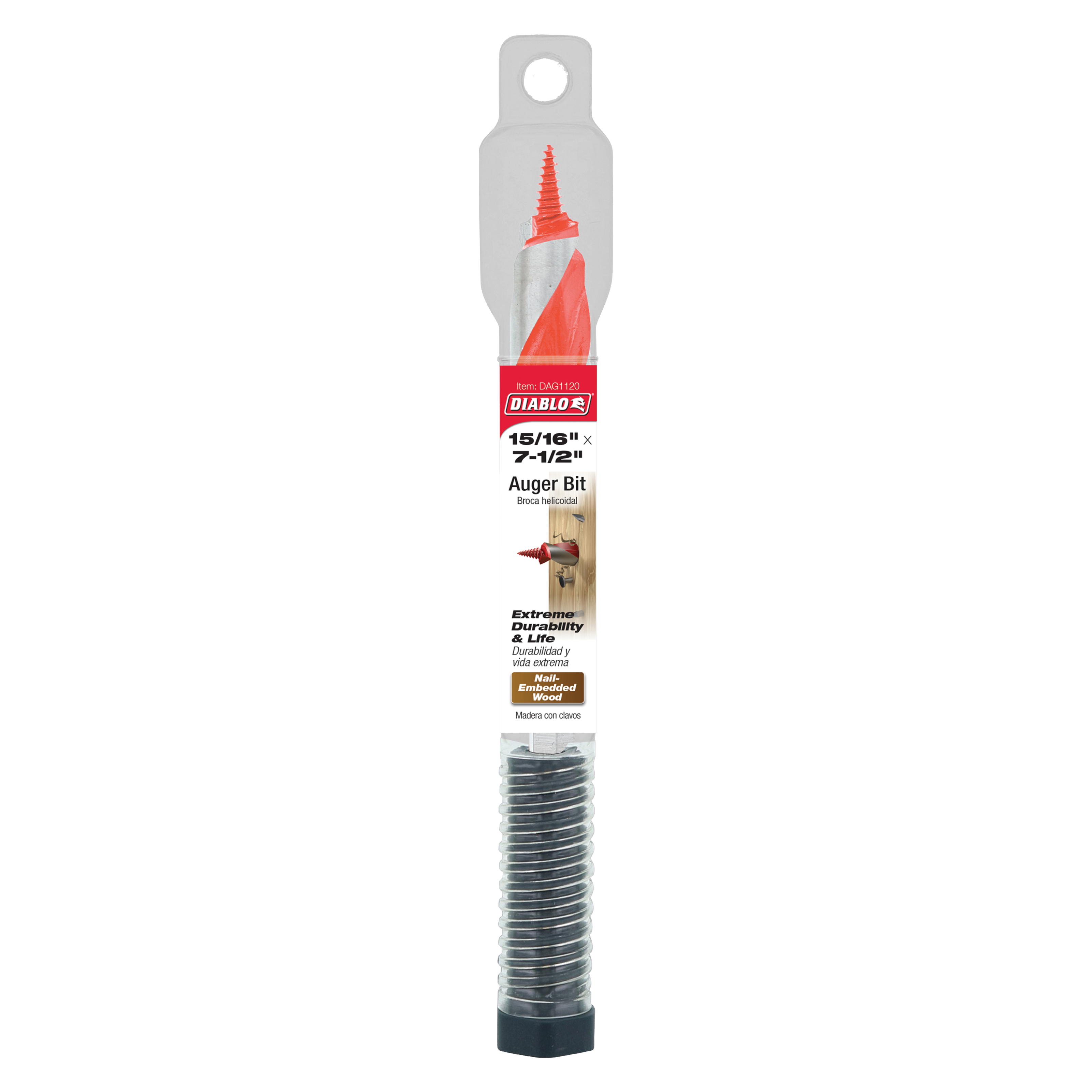 Diablo auger bit with red spiral flutes, gray packaging showing 15/16 in. x 7-1/2 in. specifications, and metal threaded shaf