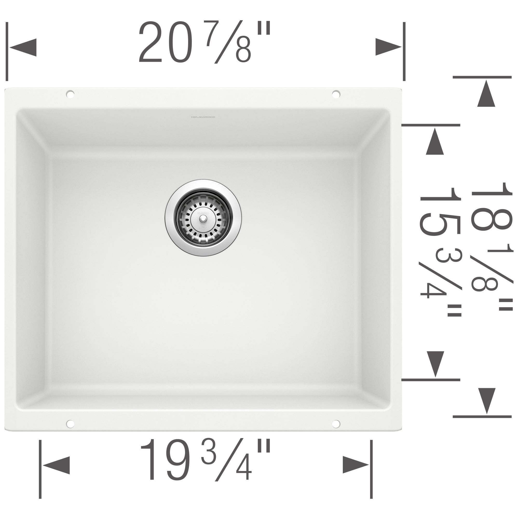 White square undermount sink bowl with drain strainer, measured 20⅞" × 19¾" top opening.