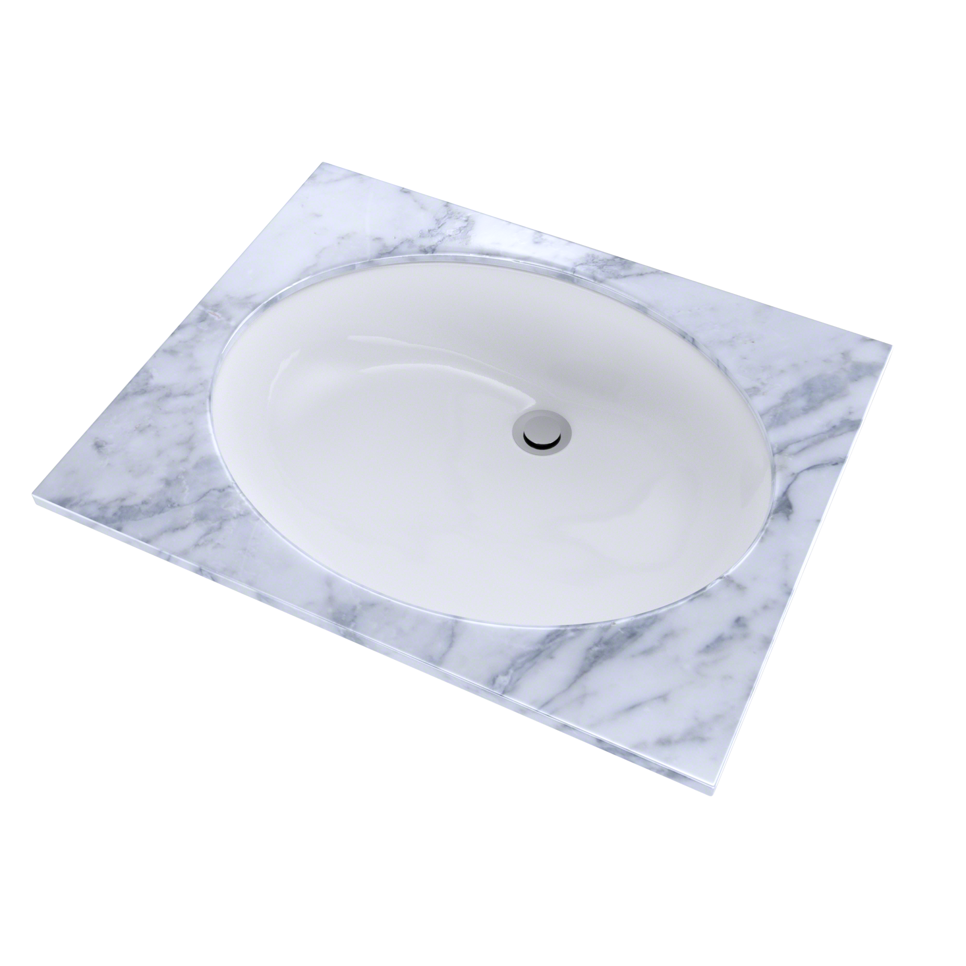 White oval undermount sink with chrome drain, set in marble-patterned countertop surround.